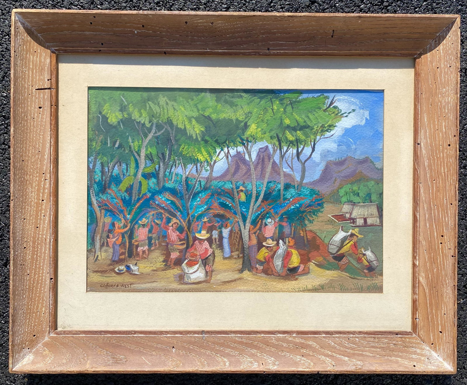 Vintage Mid Century Modern Clifford B.West Topical Scene Painting Signed: Vintage Mid Century Modern Clifford B.West Topical Scene Painting Signed, SLL, gouache, 10 x 14 1/2 sight, 17 x 21" framed