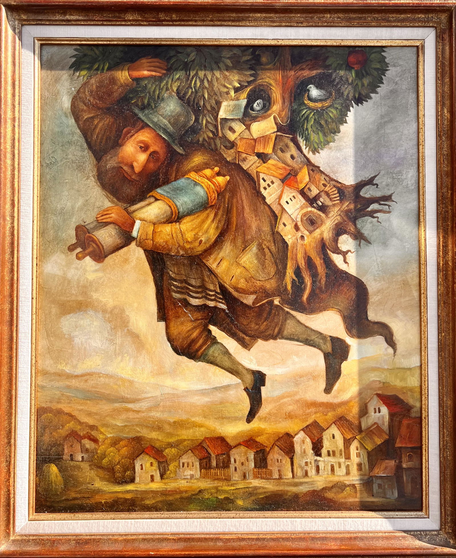 Vintage Surrealist Oil Painting Attr. Samuel Bak Polish American: Vintage Surrealist Oil Painting Attr. Samuel Bak Polish American, signature not apparent, 28 3/4 x 23 3/4"sight, 38 x 33" framed. Frame is by DELF of France. Not sure of the significance but the egg h