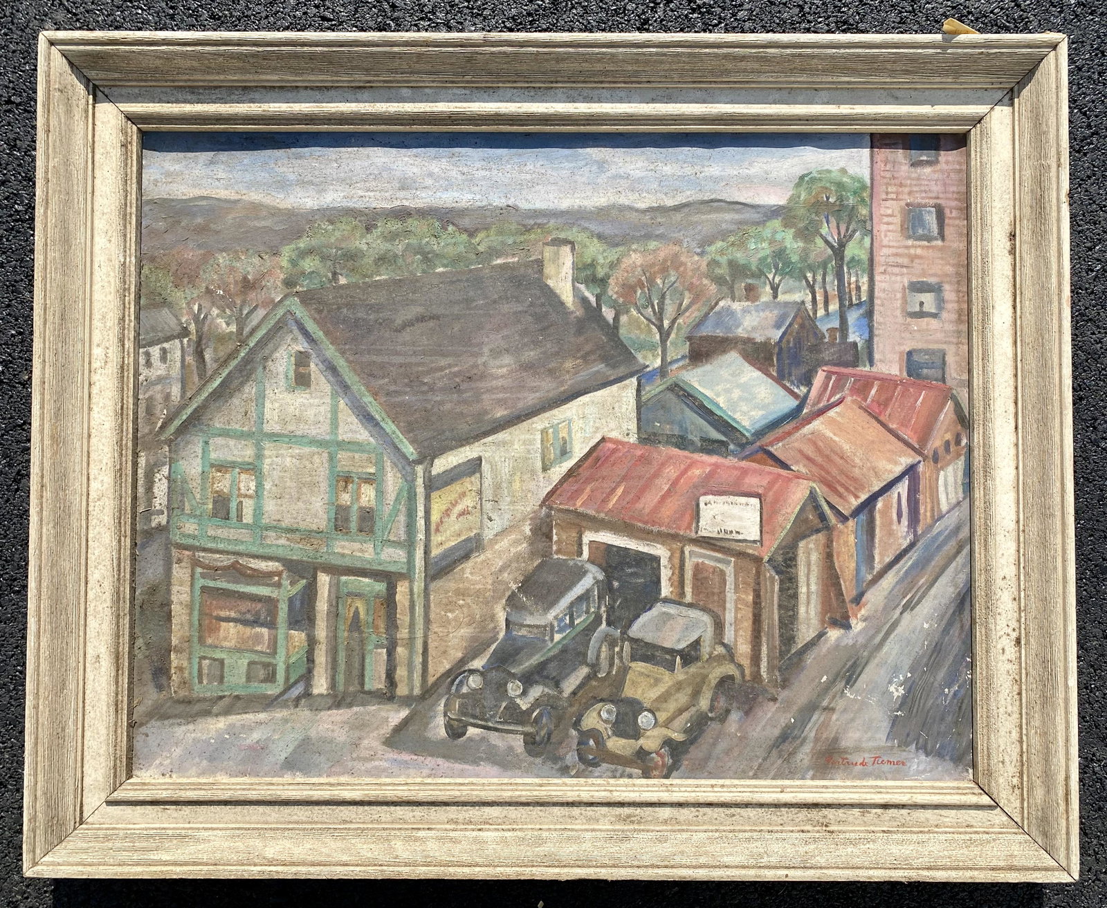 Antique WPA American Artist Gertrude Tiemer Signed Town Scene: Antique WPA American Artist Gertrude Tiemer Maine Signed Town Scene, O/C, SLR, 22 x 28" canvas, 27 x 33" framed. Remnants of an exhibition label verso. Gertrude Tiemer Wille (March 4, 1897 â€“ Ma