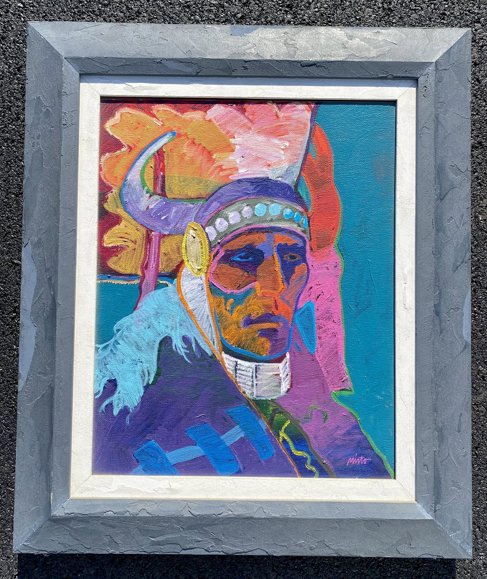 Stunning Native American Modernist Expressionist American Artist John Nieto oil Painting Signed: Stunning Native American Modernist Expressionist American Artist John Nieto oil Painting Signed, SLR, Titled, "Elote's Vision, Apache, Nieto Copyright, 1993, #4, 20 x 16" canvas, 28 x 24" framed. John