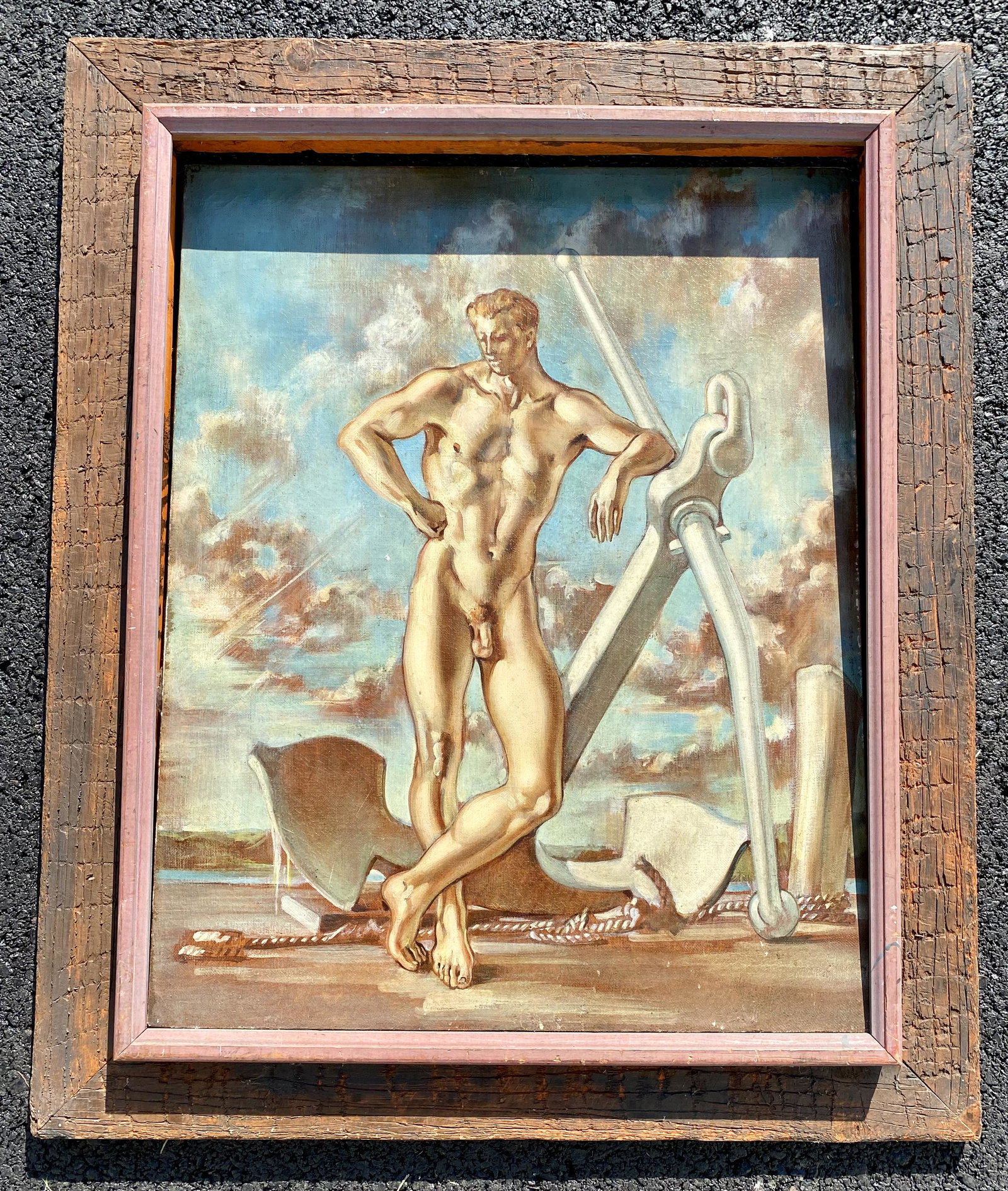Museum Quality Early American Modernist Artist Male Erotic Nude Figure William H. Littlefield oil: Museum Quality Early American Modernist Artist Male Erotic Nude Figure William H. Littlefield Signed, signed verso, dated 1942, titled "Man leaning upon an Anchor" 17 1/2 x 22" canvas, 28 x 23 1/2" Fr