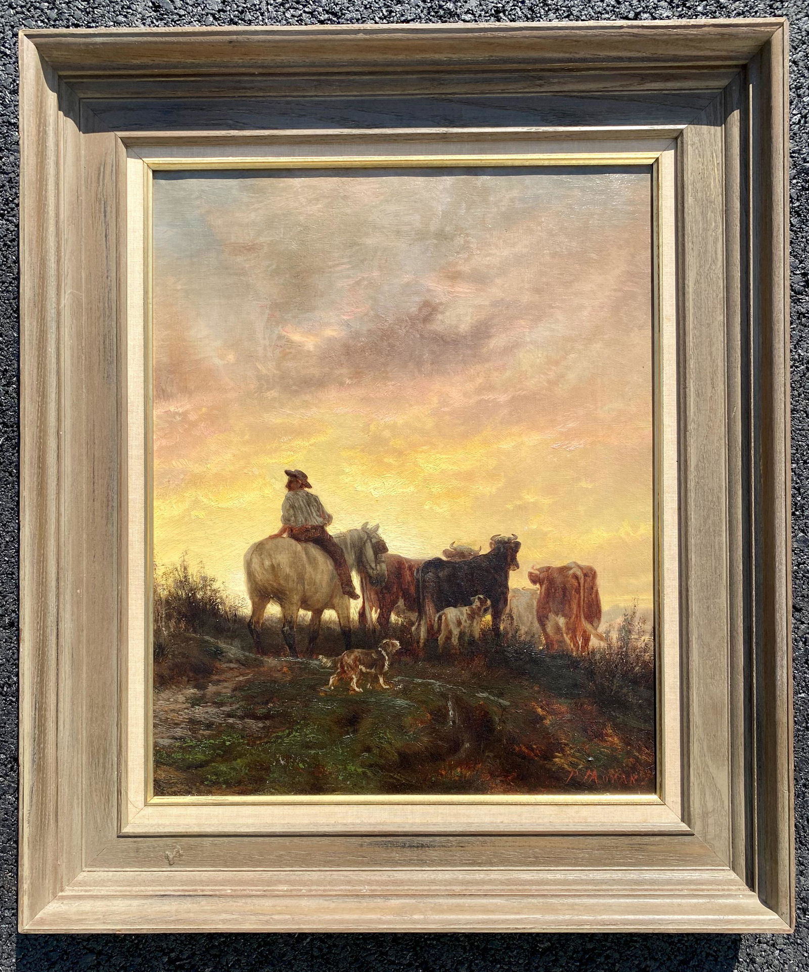 Antique American Impressionist Artist Western Scene Peter Moran Oil Painting Signed: Antique American Impressionist Artist Western Scene Peter Moran Oil Painting Signed, SLR, Cowboy herding cattle with his dog, 20 x 16" canvas, 26 x 22" Framed. Etcher, painter. The youngest of four Mo