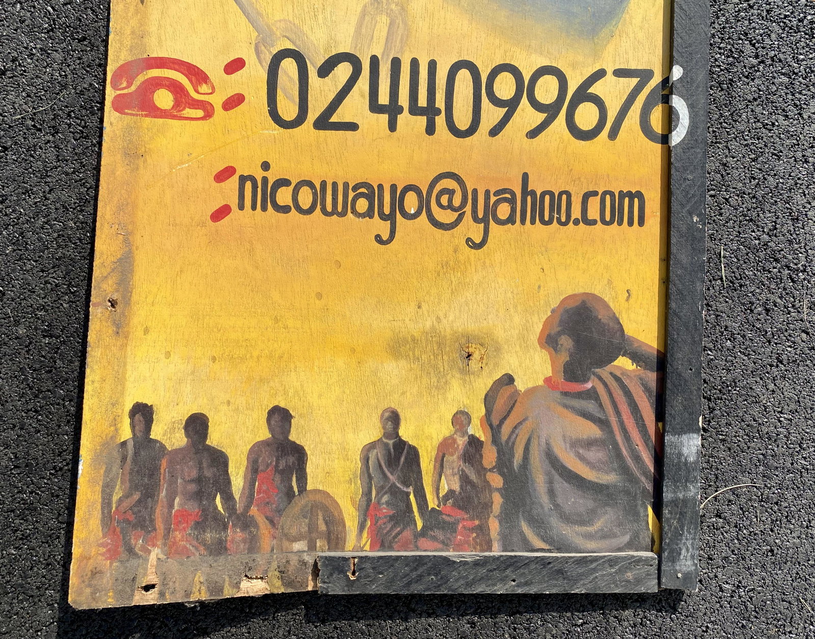 Vintage Ghanaian Modernist Artist NicoWayo Oil on Panel ROOTS Levar Burton: Vintage Ghanaian Modernist Artist NicoWayo Oil on Panel ROOTS Levar Burton, 65 x 24" panel A Ghanaian Artist, Nicholas Tettey Wayo, popularly known as Nico Wayo is dominating the streets of Accra with