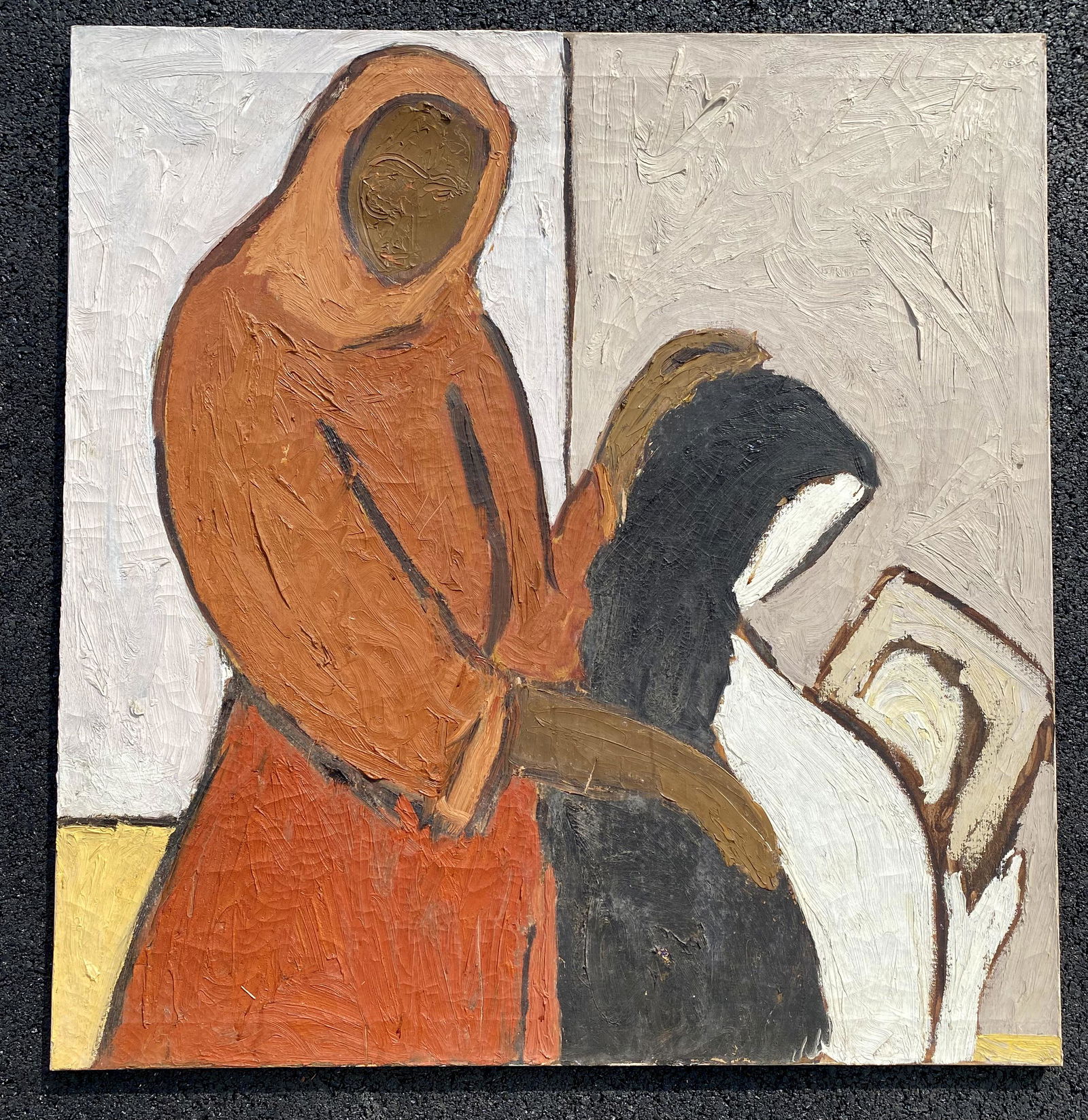 Vintage Mid Century Modern Abstract oil painting signed Sleeper Exhibited: Vintage Mid Century Modern Abstract oil painting signed Sleeper,O/C, SUR, possibly Lopez, remnants of an exhibition label verso, 40 x 38" canvas