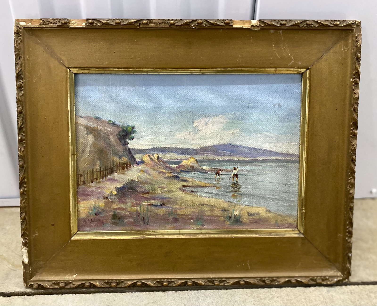 Antique American Impressionist Scene Signed Fishing: Antique American Impressionist Scene Signed Fishing, O/C, SLL, illegibly, 8 x 11" canvas, 12 X 15" framed