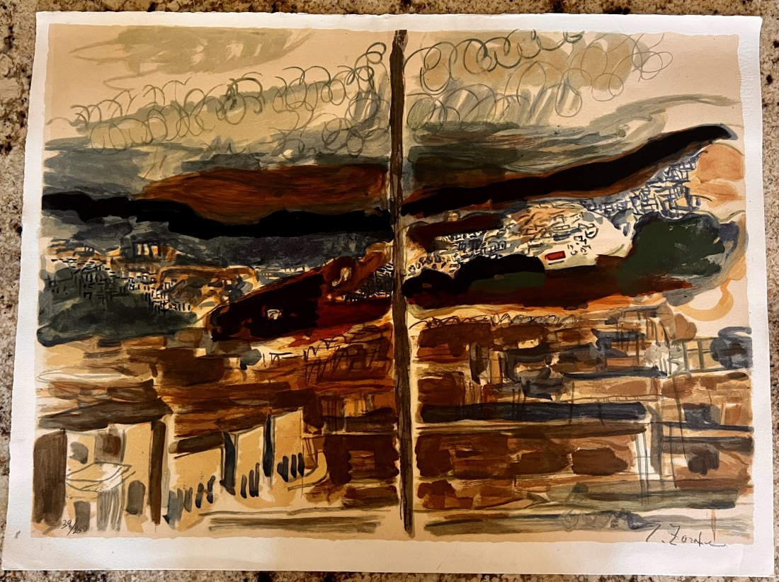 Rare Joseph Zaritsky Israeli Modernist Abstract Expressionist Artist Signed Lithograph: Rare Joseph Zaritsky Israeli Modernist Abstract Expressionist Artist Signed Colored Lithograph, SLR in pencil, numbered lower left in pencil 39/250, on GVA RRO paper, Scene of a Jewish Settlement, pen
