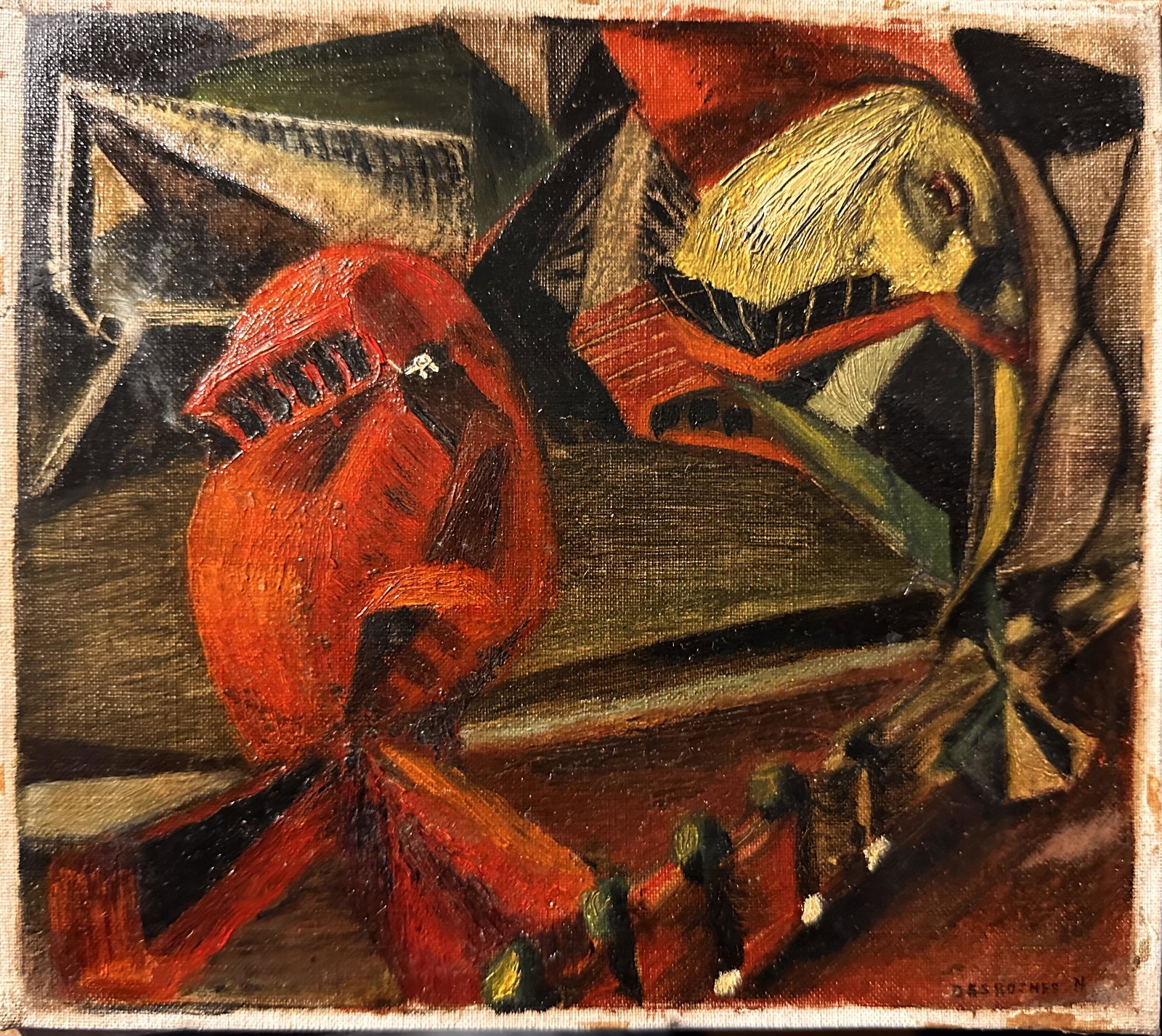 Rare Post-War Canadian Woman Artist Abstract signed oil painting: Rare Post-War Canadian Woman Artist Abstract signed oil painting, SLR, titled "Theatre", 7 1/4 x 8 1/4", unframed, dated 1947, Magdeleine Desroches-Noiseux,. In 1940, Sullivan enrols at the Ã‰cole 