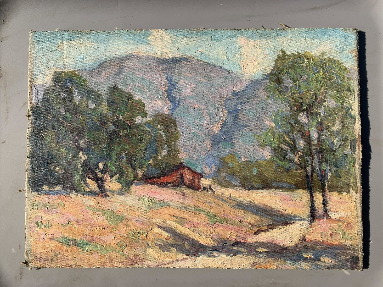 American California Impressionist Oil Painting Palm Springs Early 20th Century signed: American California Impressionist Oil Painting Palm Springs Early 20th Century, SLL, titled "Near Palm Springs", 10 x 14", unframed,