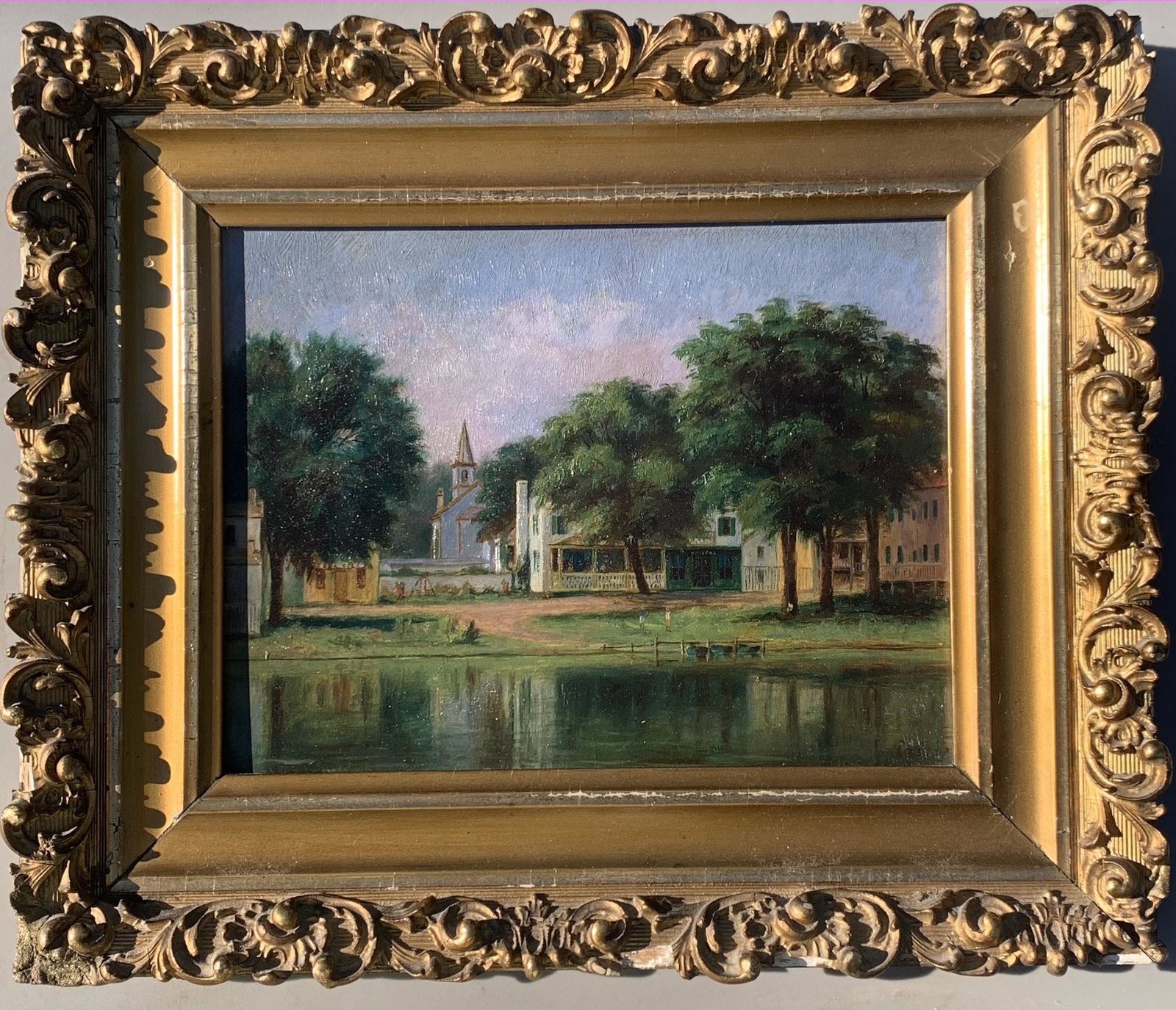 19th Century American Hudson River School Oil Painting Town Scene: 19th Century American Hudson River School Oil Painting Town Scene, O/P, illegible signature, 7 x 9", 10 3/4 x 13" framed.