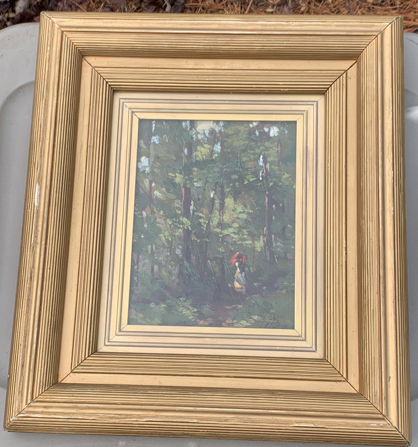 American Impressionist signed oil painting: American Impressionist signed illegibly under frame, oil painting, 9 x 7", 16 3/4 x 14 3/4" framed