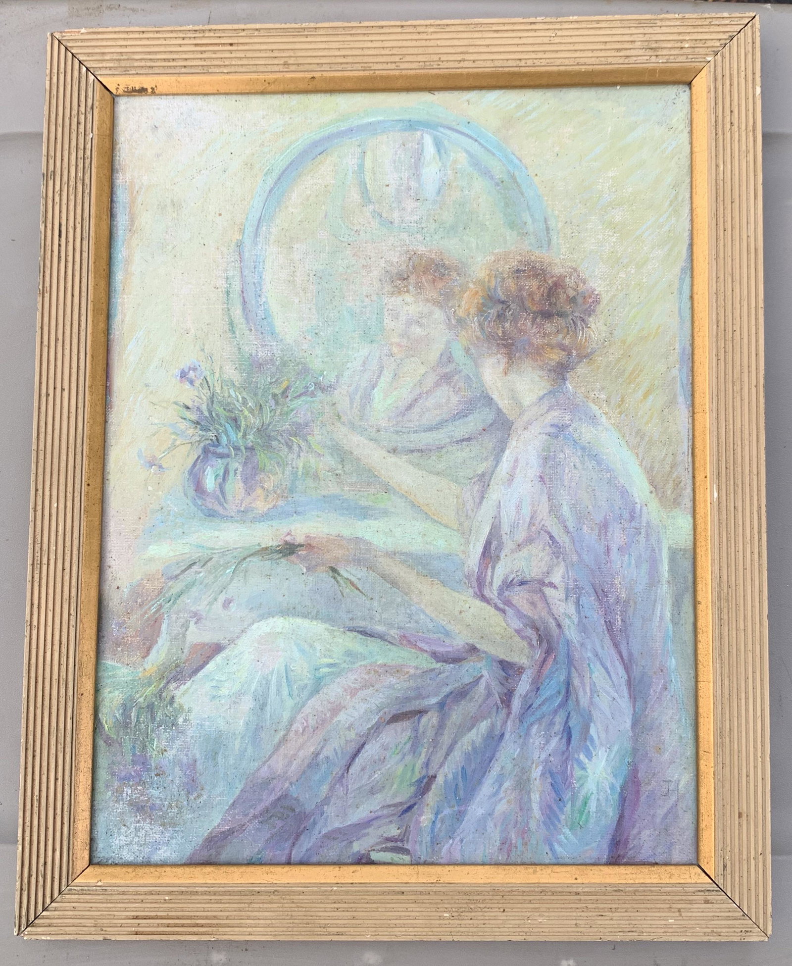 Impressionist Painting signed Interior Scene with young woman American Expatriate: Impressionist Painting signed Interior Scene with young woman American Expatriate possibly, monogrammed lower right, O/B, 13 3/4 x 10 1/2", 15 3/4 x 14 1/2" framed.