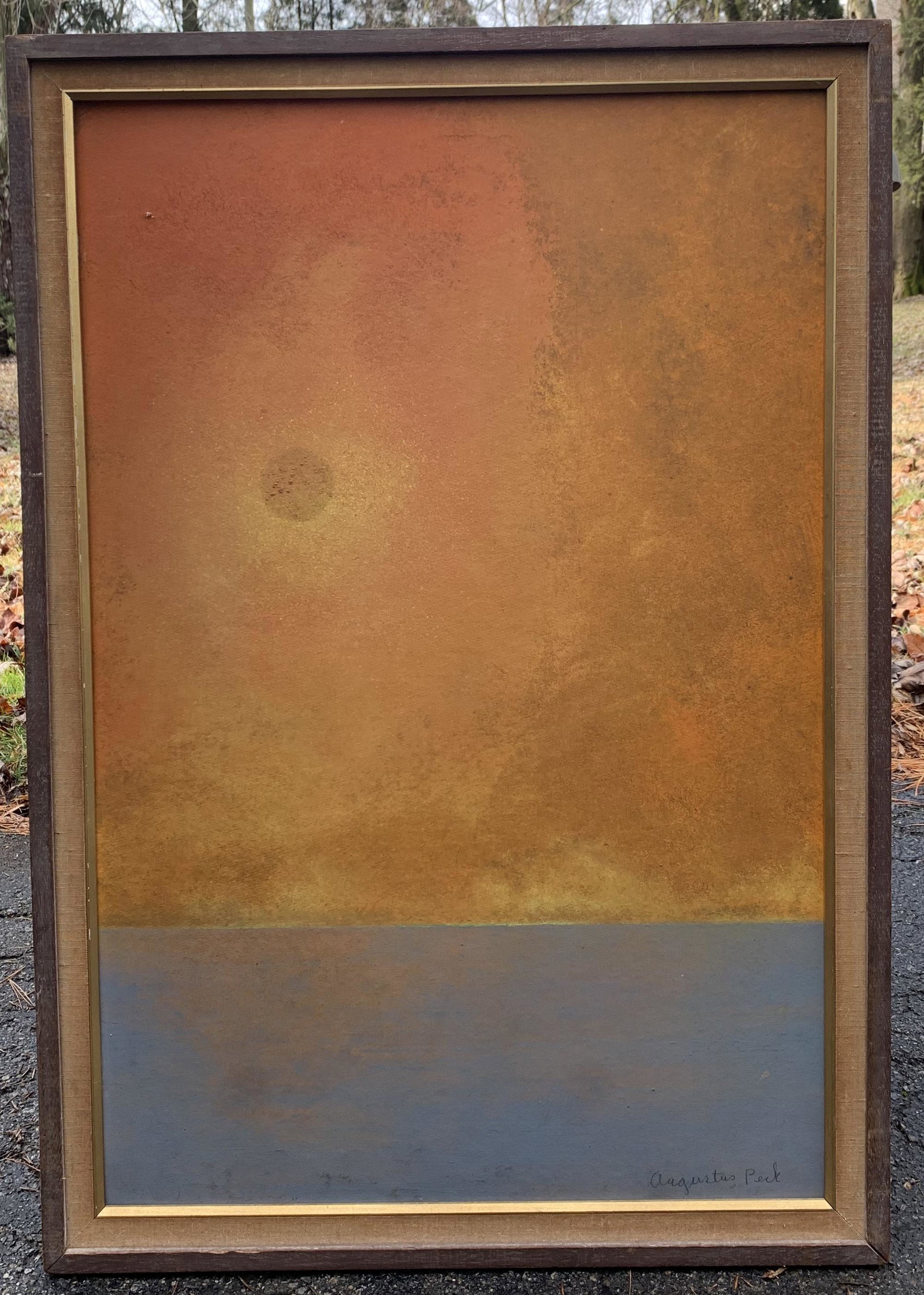 American Maryland Abstract Expressionist Oil Painting Signed Augustus Peck: American Abstract Expressionist Oil Painting Signed Augustus Peck, O/B, SLR, Label from Howard Wise Gallery, entitled "Sunset", 30 x 20", 33 x 23" framed. Augustus Hamilton Peck was known for his grap