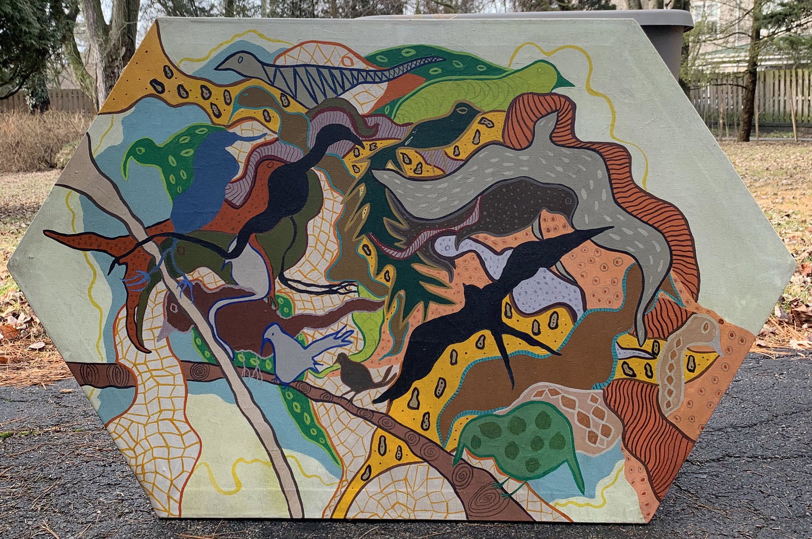 Colorful Mid Century Modernist Abstract Oil Painting: Colorful Mid Century Modernist Abstract Oil Painting, signature not apparent, Loaned to Jay Berman, 46 x 28"