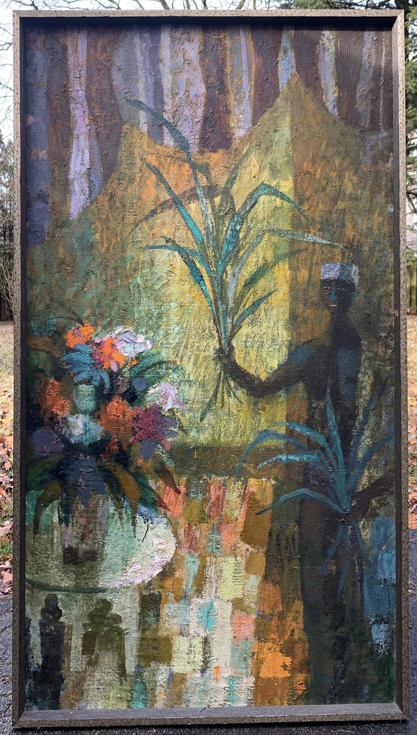 American Artist Modernist Middle Eastern Scene Oil Painting: American Artist Modernist Middle Eastern Scene Oil Painting, O/C, signature not apparent, partial exhibiion label verso, titled" Moraccan Interior with Flowers", 55 x 30"