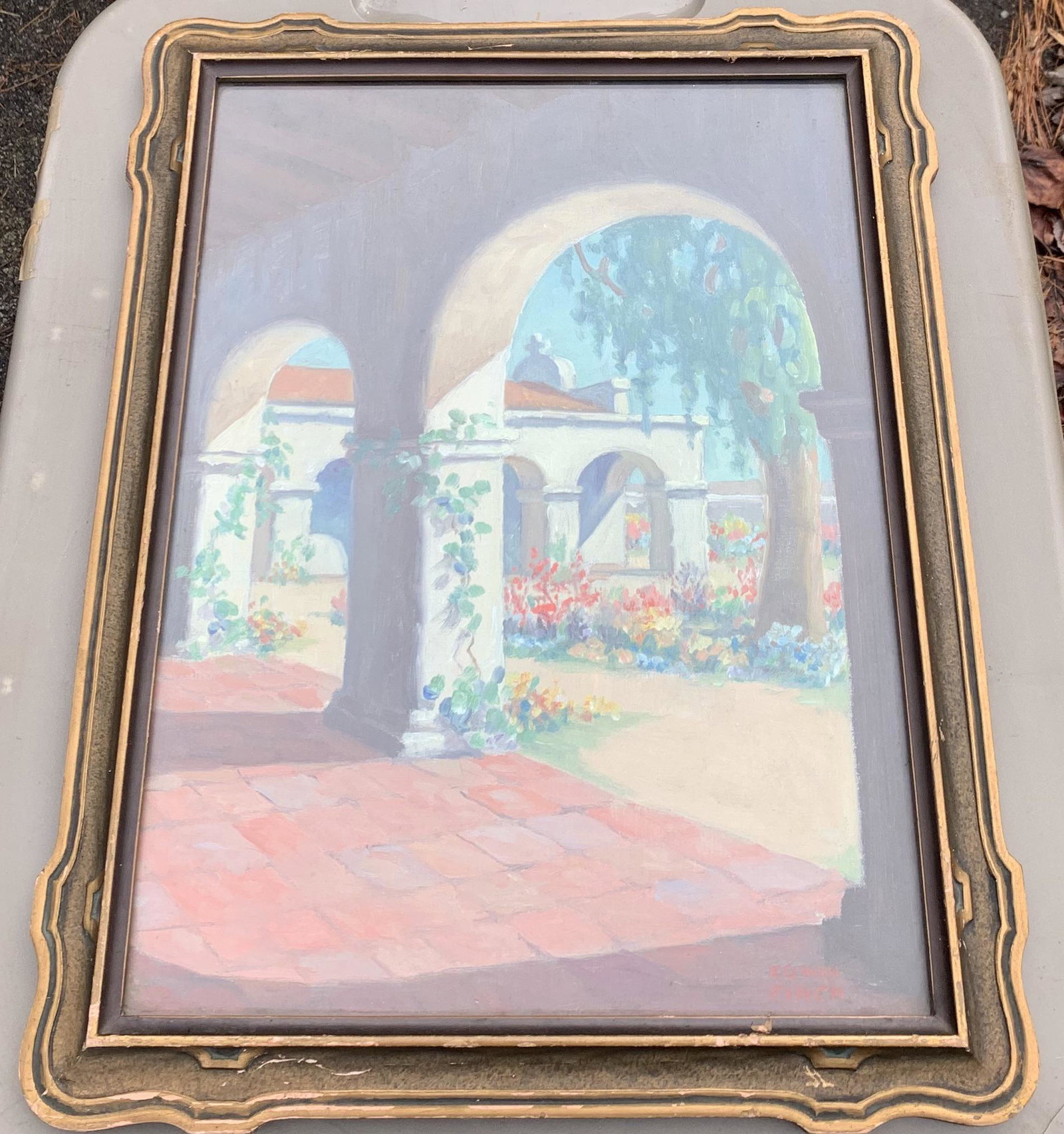 American Indiana Impressionist Artist Lewis Edwin Finch Oil Painting Signed: American Indiana Impressionist Artist Lewis Edwin Finch Oil Painting SLR, O/C/B, California Mission, 16 x 12", 18 x 14" framed. Lewis Edwin Finch was an Indiana artist working in Indianapolis. He stud