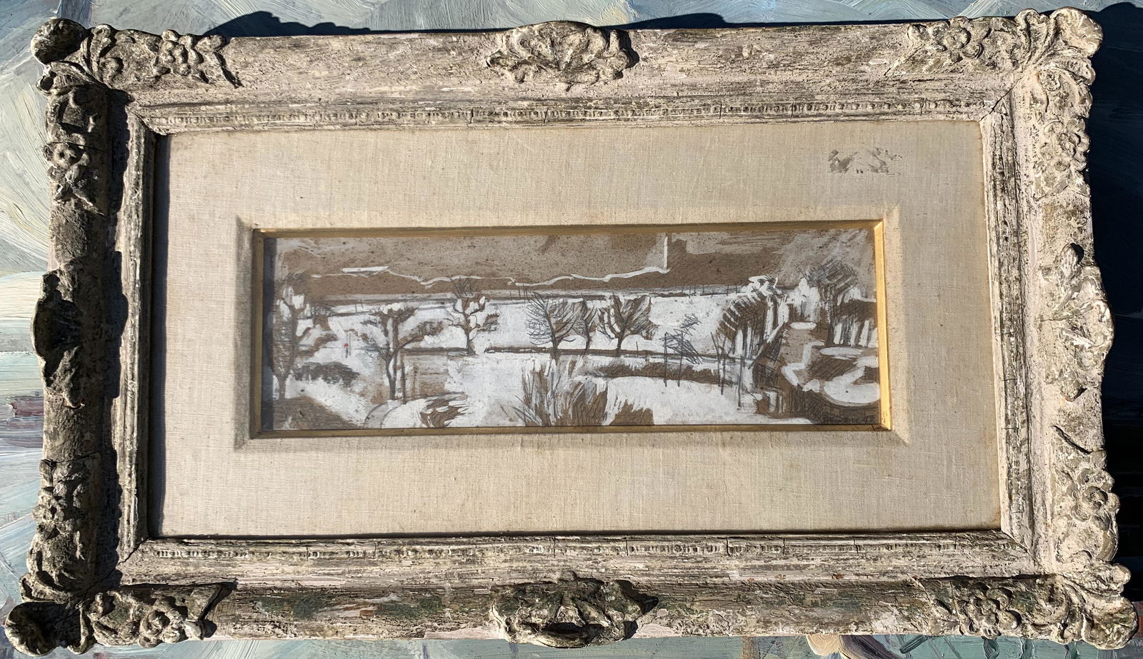 Important American Female Artist Sally Ryan Gouache Signed: Important American Female Artist Sally Ryan Gouache Signed, dated 1948, label from the Saidenberg Gallery, titled "Blizzard", 4 1/2 x 14 1/2", 14 x 24" framed in a period Heydenryk FrameSarah "Sally"