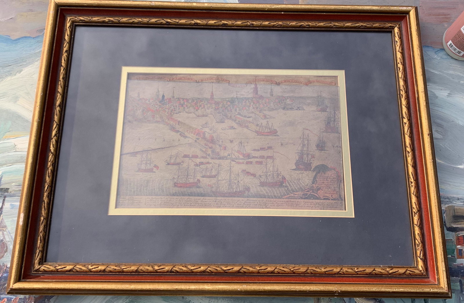 RARE American Artist Colored Engraving Paul Revere dated 1768 Boston: American Artist Colored Engraving Paul Revere dated 1768 Boston, titled "A View of Part of the Town of Boston and New England and British Ships of War Landing their Troops", Taken out of frame SEE PHO