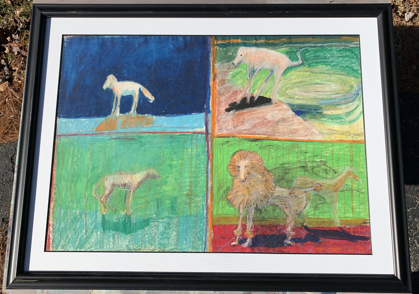 Large American New York Artist Robert Andrew Parker Expressionist Pastel of 4 Dogs Colorful: Large American New York Artist Robert Andrew Parker Expressionist Pastel of 4 Dogs Colorful, SLL, dated 1963, pastel, 4 dogs each in a separate quadrant , 20 1/2 x 29 1/4", 27 x 36" framed. Born: 1927