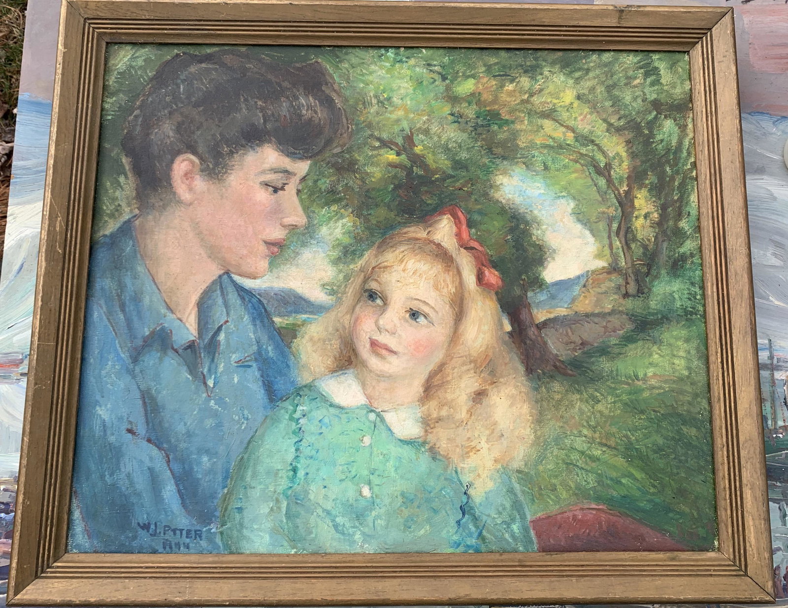 American Connecticut Pennsylvania Impressionist Artist William J. Potter Oil Painting Signed: American Connecticut Pennsylvania Impressionist Artist William J. Potter Oil Painting, O/C, Signed, dated 1944, Mother and Daughter, 20 x 24", 23 x 27" framed. William J. Potter was an American Impres
