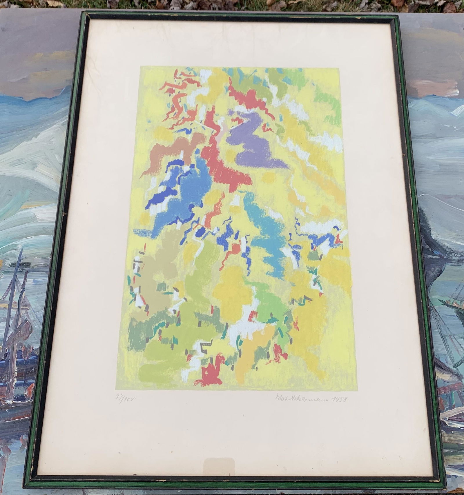 German Modernist Abstract Artist Mid-Century Colored Figurative Lithograph Signed: German Modernist Abstract Artist Mid-Century Colored Figurative Lithograph Signed, dated 1958, SLR, 97/100, 19 x 12", 28 x 20" framed.Max Ackermann (Berlin 1887 -Unterlengenhardt 1975)At first, Max Ac