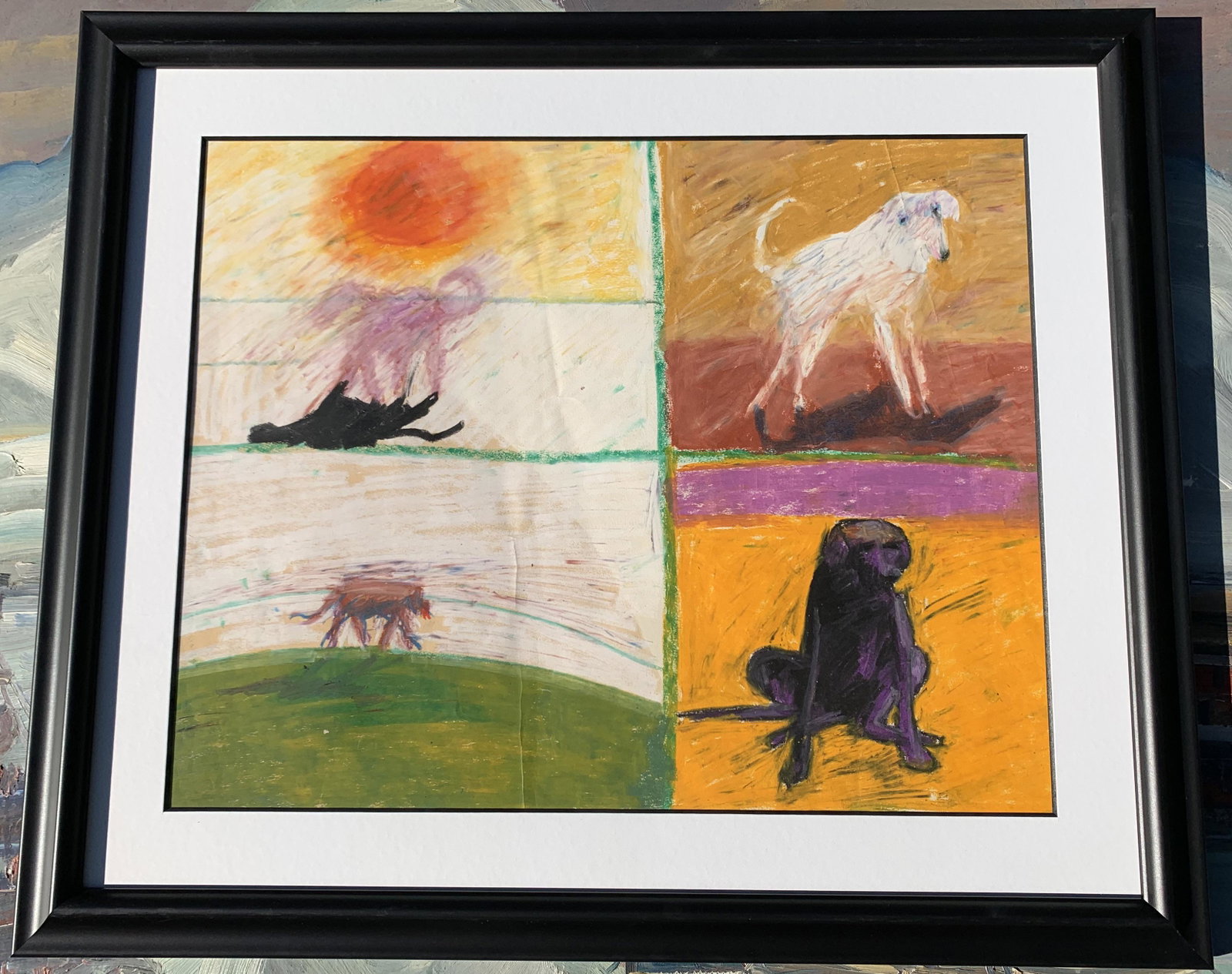 Important American Artist Abstract Expressionist Pastel of 4 Dogs Robert Andrew Parker: Important American Artist Abstract Expressionist Pastel of 4 Dogs, signature not apparent, circa 1969, very colorful, 16 x 20", 23 x 27" framed. See Lot 103 for Bio