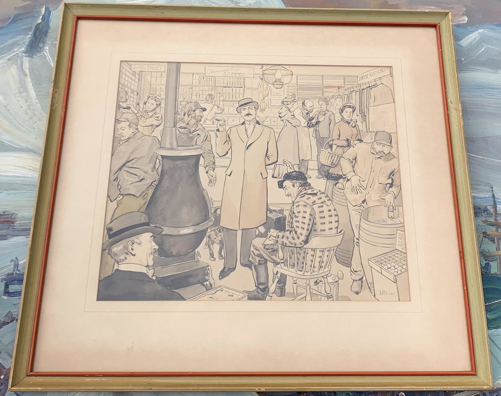Important American Artist Illustration Stanley Arthurs for Brown and Bigelow #1 Original: Important American Artist Illustration Stanley Arthurs for Brown and Bigelow #1 Original, W/C and Ink drawing, SLR, Interior Scene of a Dry Goods Store with a well-dressed gentleman and his dog next t