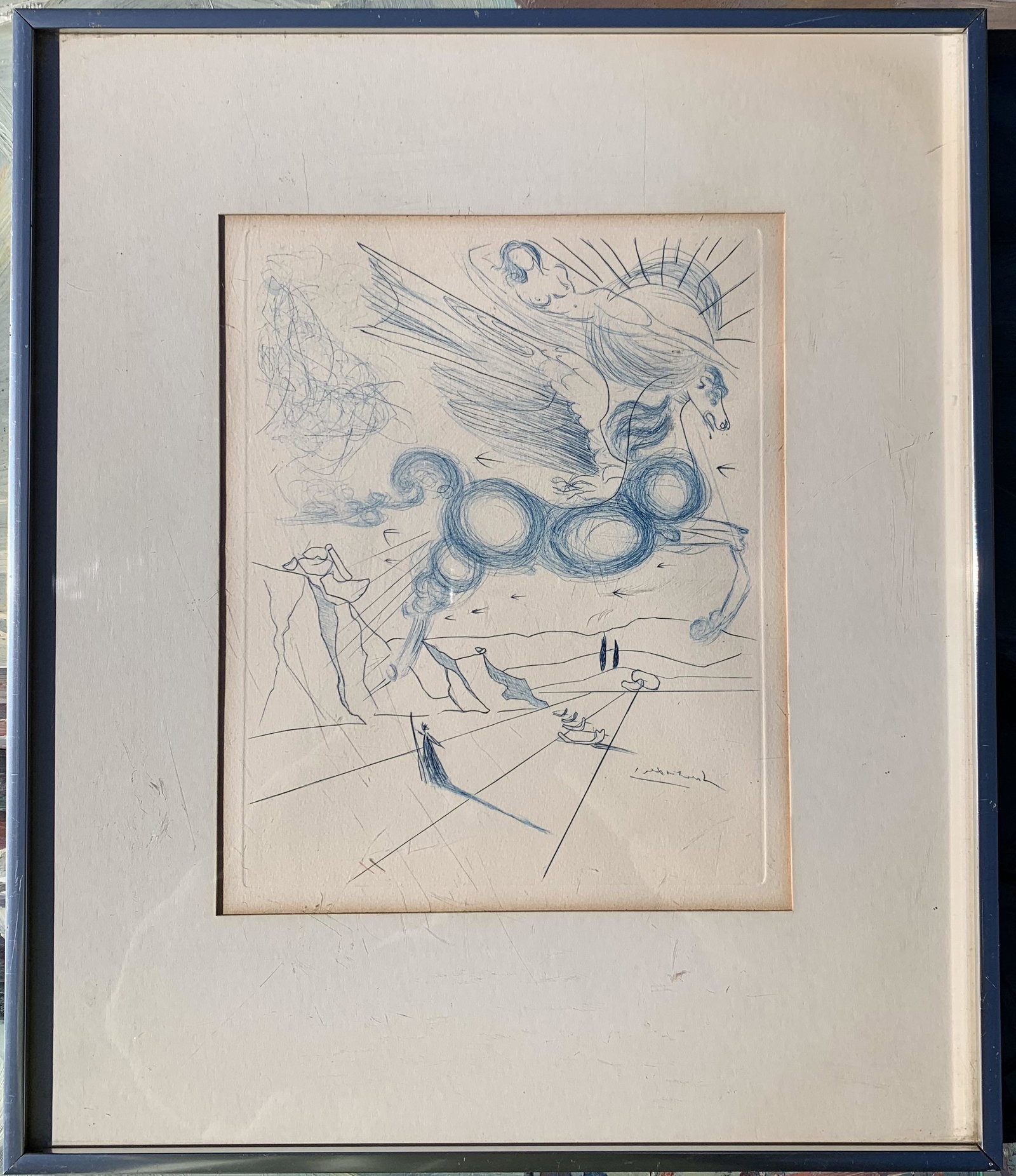 French Artist Salvador Dali Etching: French Artist Salvador Dali Etching in a Kulicke Frame, signature not apparent, 11 x 9", 18 x 15" framed.