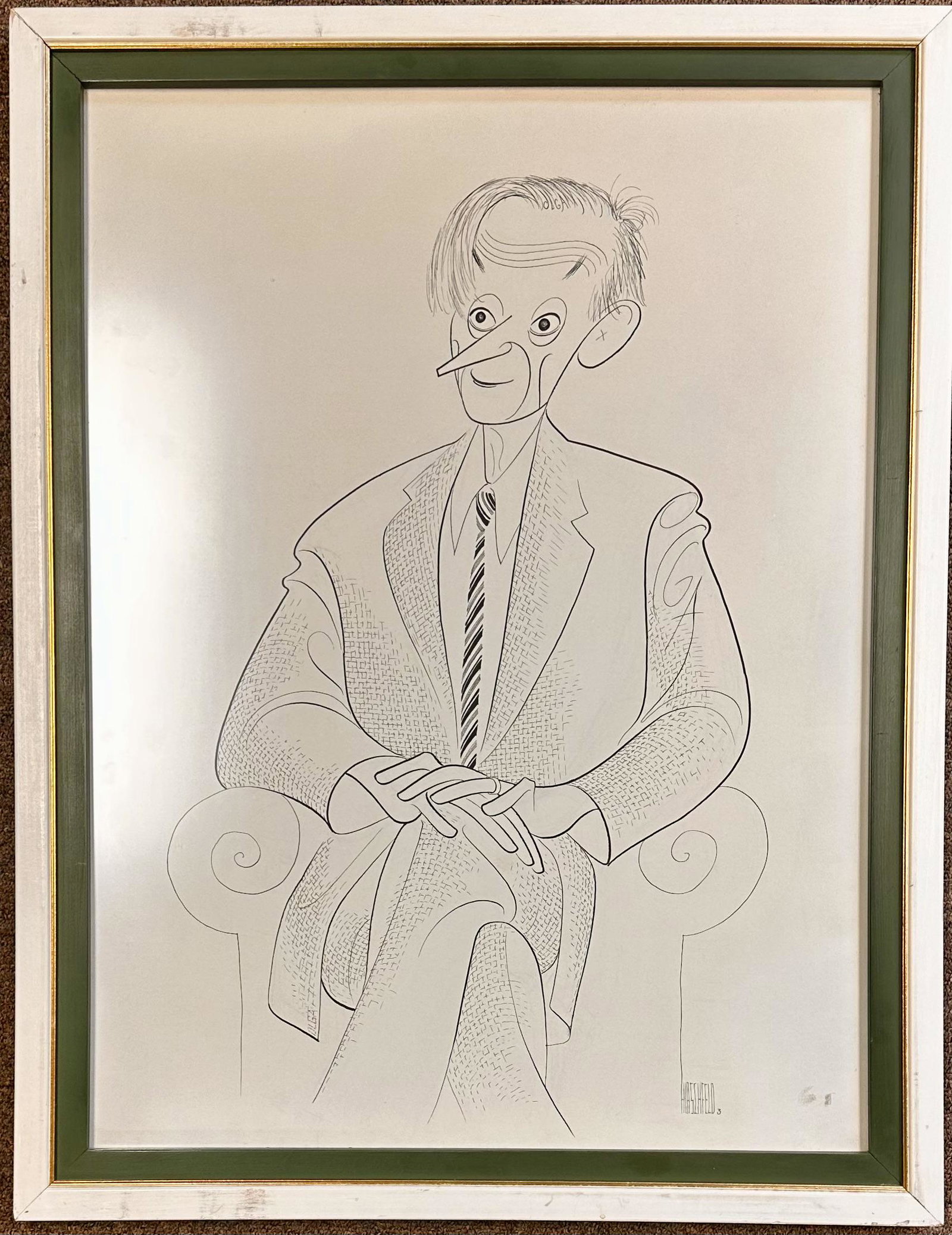 Important American Artist Albert Hirschfeld Ink Drawing Caricature Original Signed: Important American Artist Albert Hirschfeld Ink Drawing, Original Signed, SLR, ink on paper, 27 1/4 x 20", 31 1/4 x 24" framed. There is information on the verso. It looks to have been owned by someon