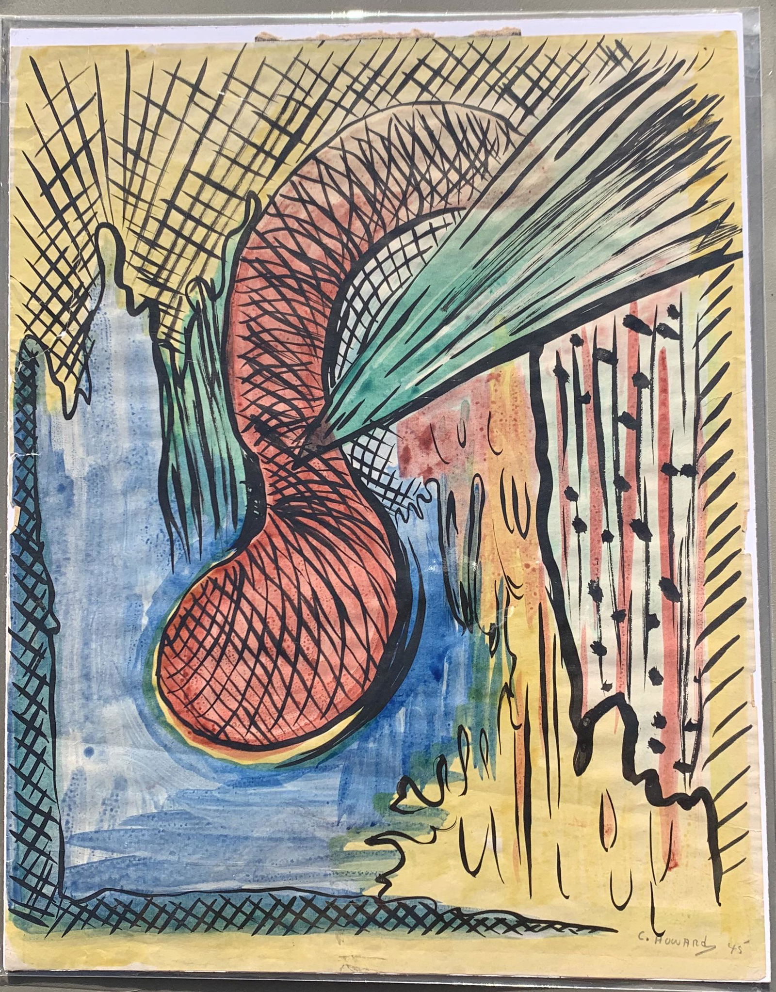 Early American Modernist Biomophic Abstract Charlotte Howard #4 Drawing Signed: Early American Modernist Biomophic Abstract Charlotte Howard #4, Drawing Signed, mixed-media, SLR, dated 1945, 13 3/4 x 11" Charlotte Howard was born in New York City on December 9, 1919. Her parents,