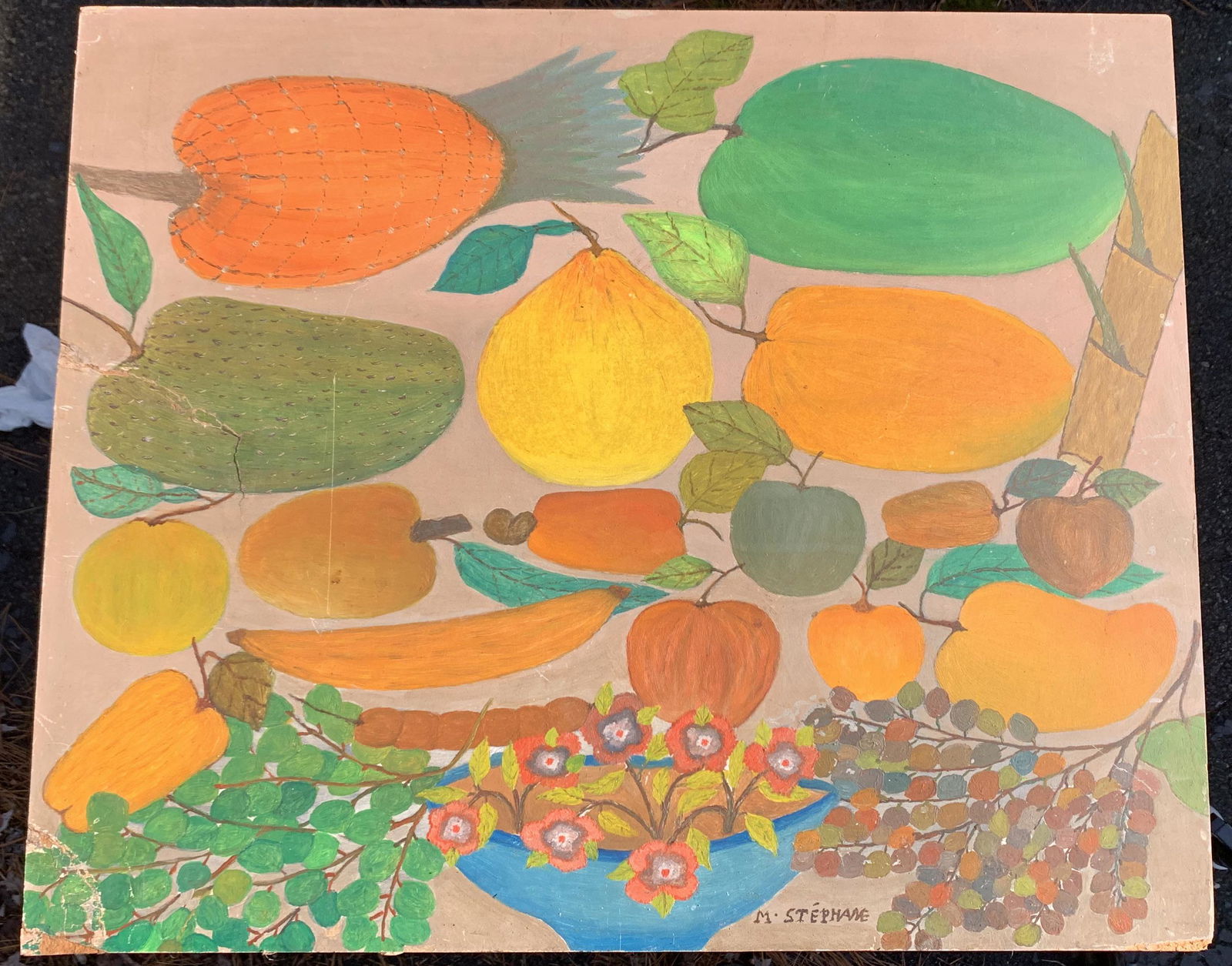 Haitian Artist Micius Stephane Still Life Oil Painting Signed: Haitian Artist Micius Stephane Still Life Oil Painting Signed, O/M, SLM, 20 x 24", repaired lower left, see images'Micius Stephane was born in 1912 in Bainet, on the Caribbean coast of Haiti. He worke