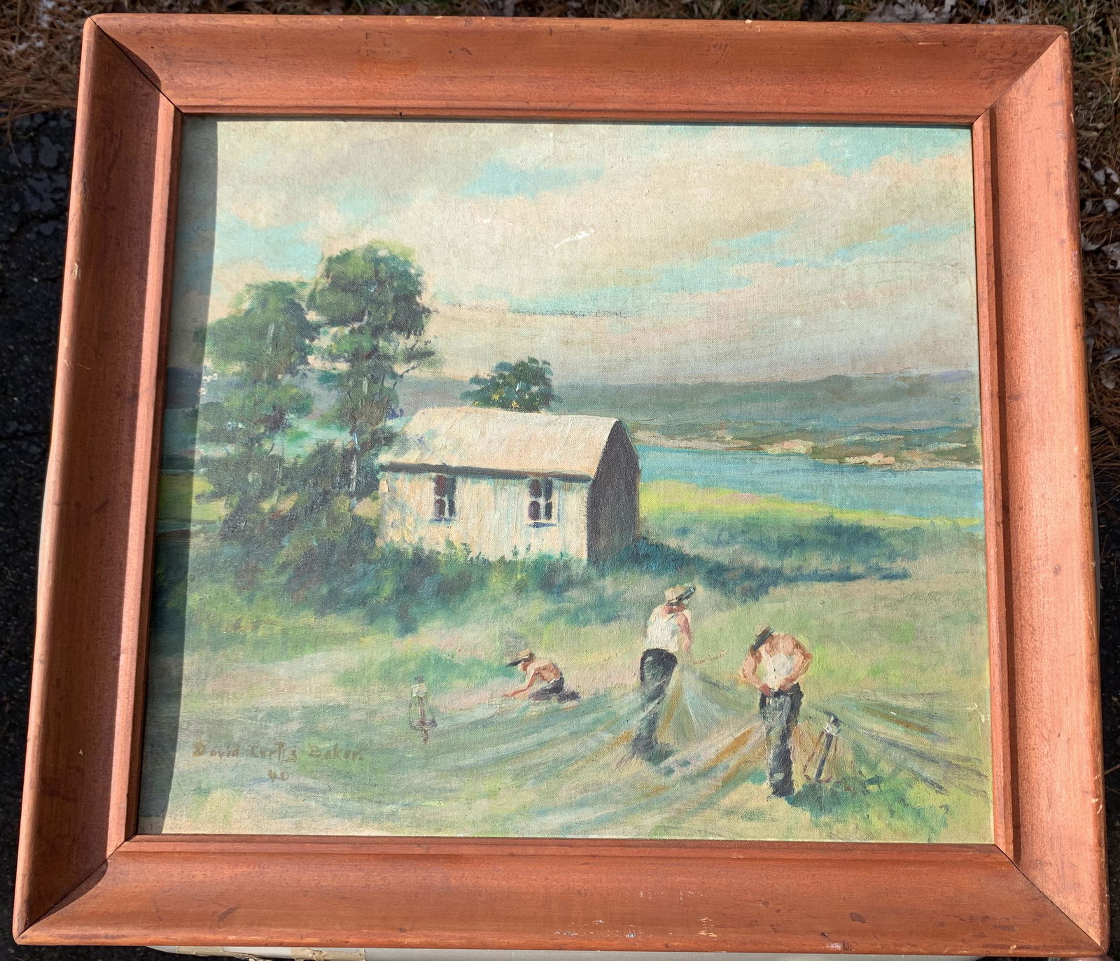 American Artist WPA David Curtis Baker 1940 Oil Painting Signed: American Artist WPA David Curtis Baker 1940 Oil Painting Signed, O/B, SLL, The Net Menders, 16 x 18", 19 1/2 x 21 1/2" framed.David Curtis Baker, painter, author and teacher, was born on October 15 19