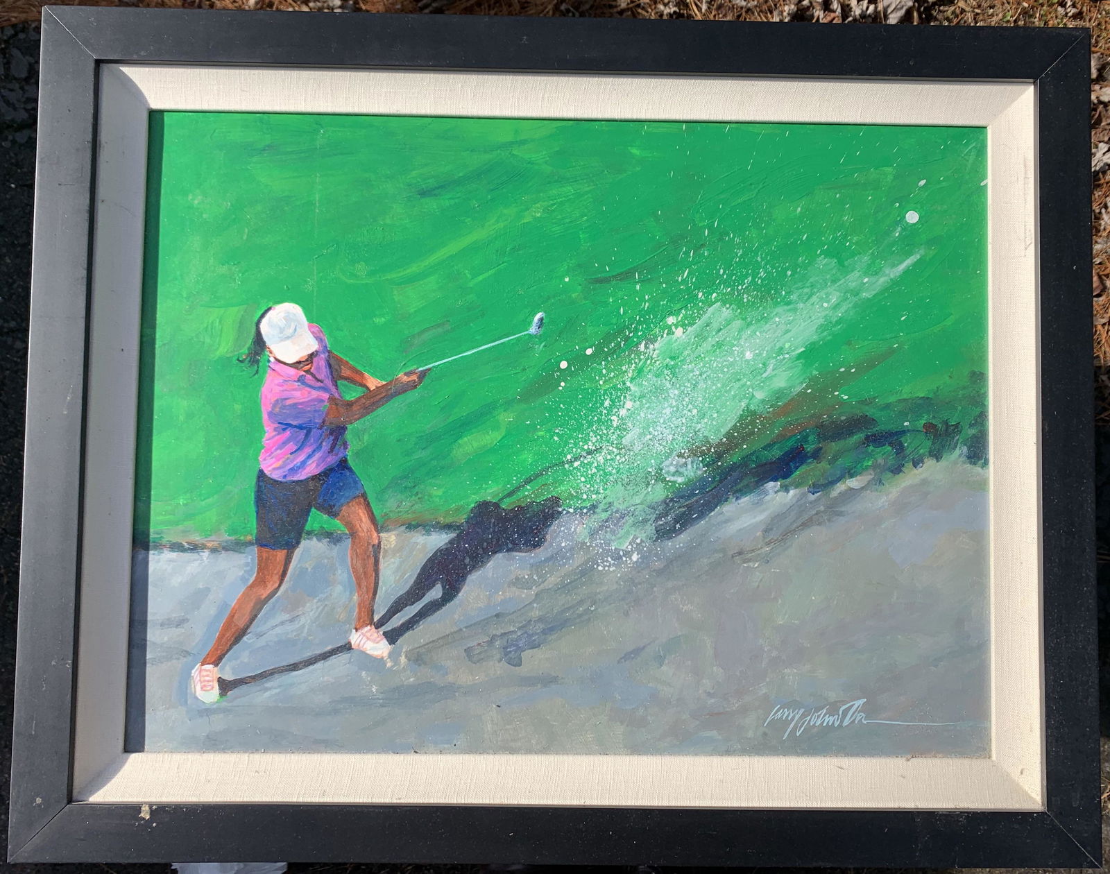 American Artist Larry Johnson African American Golf Scene Oil Painting Signed: American Artist Larry Johnson AfricanAmerican Artist Larry Johnson African American Golf Scene Oil Painting Signed, SLR, Female playing golf, 14 1/2 x 19 1/2", 19 x 24" framed.See Lot 159 for bio.