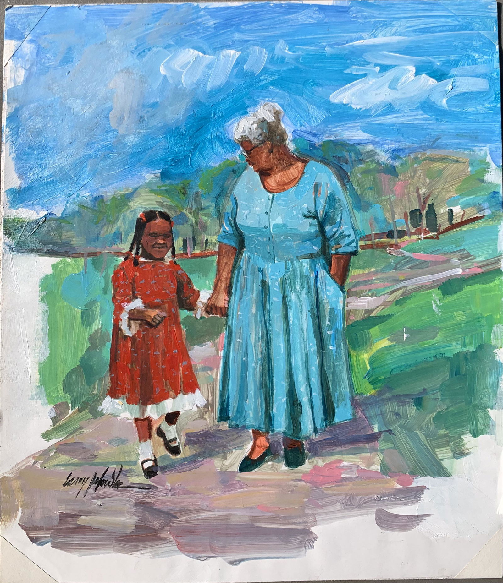 American Artist Larry Johnson oil painting African American Scene Signed #2: American Artist Larry Johnson oil painting African American Scene Signed, O/B, 13 1/2 x 18". See lot 159 for bio.