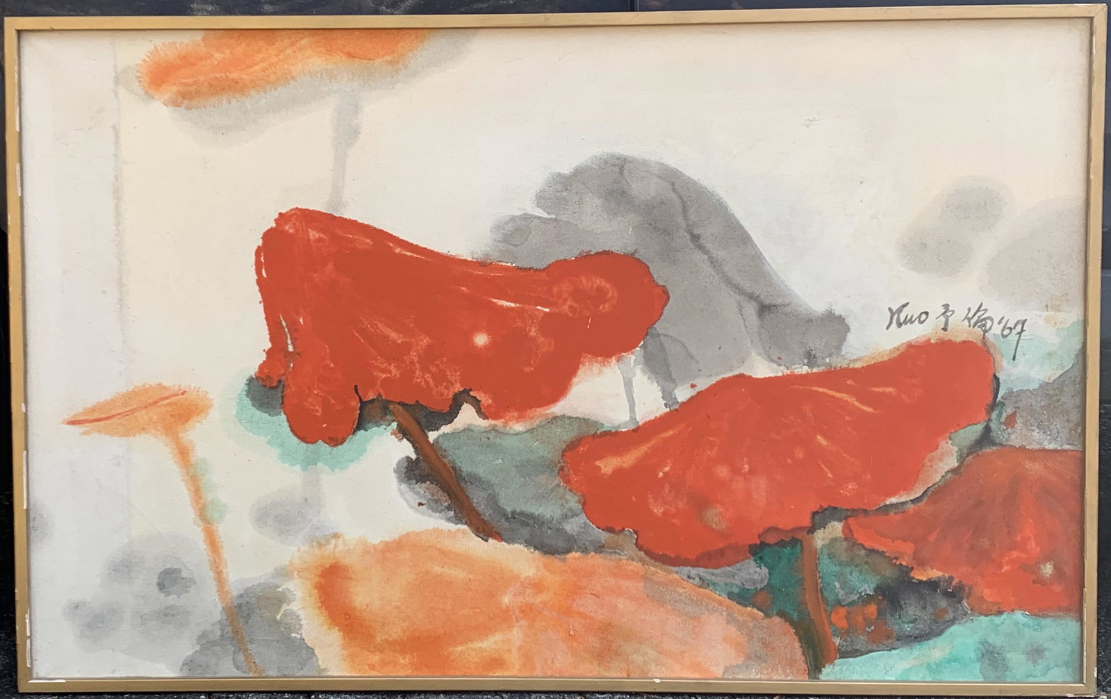 Important Chinese Artist Modernist Yu-Lun Kuo Oil Painting Signed: Important Chinese Artist Modernist Yu-Lun Kuo Oil Painting Signed, SLR, Kuo, dated 1967, O/C, titled, "Lotus in Vermillion", from the Wah-Cheung Art Gallery , 29 x 46", 30 x 47" framed. â€˜In 1956