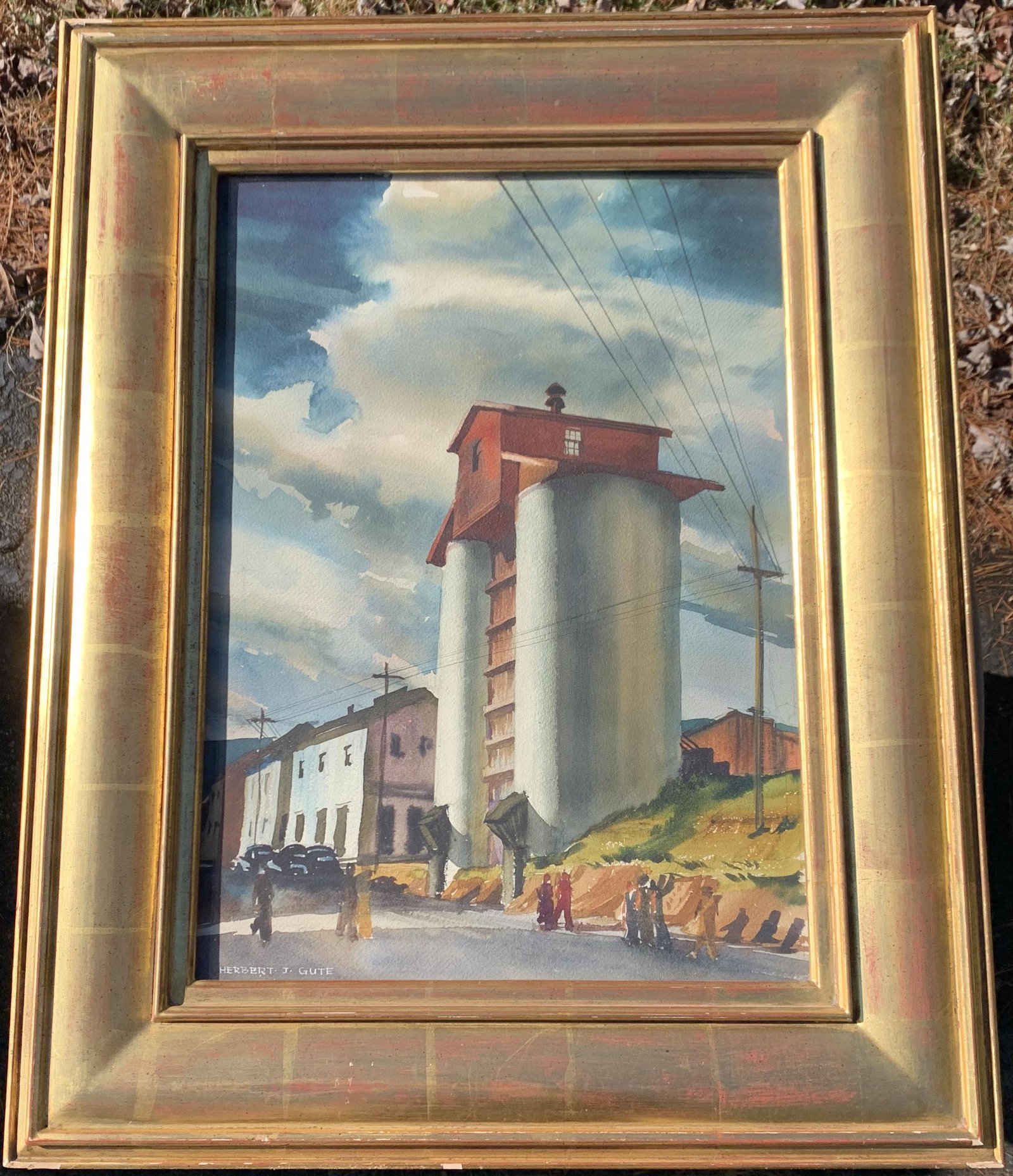 American Connecticut Artist Industrial Herbert Gute Signed Watercolor: American Connecticut Artist Industrial Scene WPA Herbert Gute Signed Watercolor, SLL, titled, "Coal Elevator", label on verso from "D.Wigmore Fine Art", 20 x 14", 28 x 22" framed,