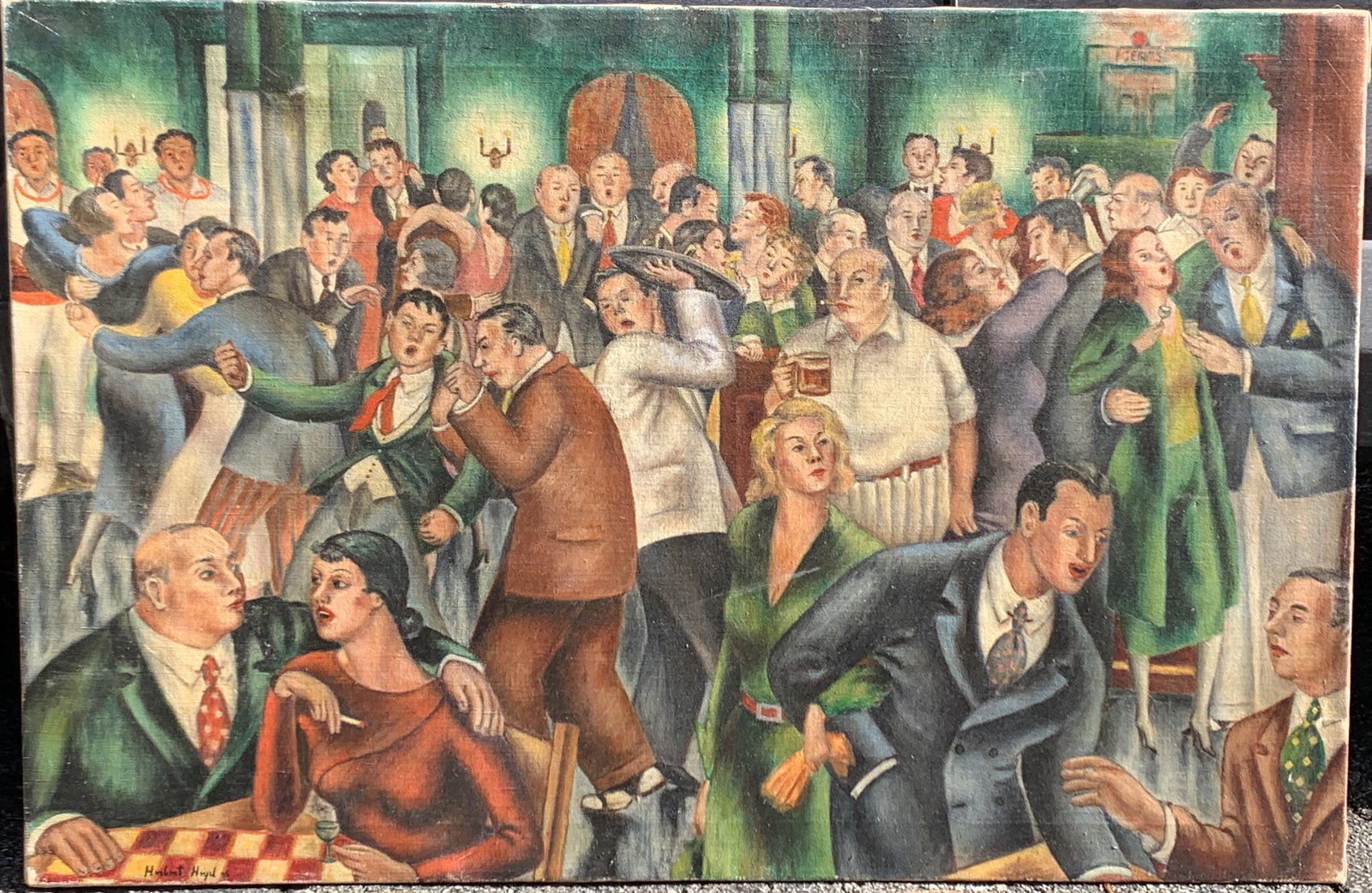 American Artist WPA New York Speakeasy Scene oil painting signed: American Artist WPA New York Speakeasy Scene oil painting signed, Hebert Heyel, SLL, dated 1935, 25 x 38", remnants of a label verso, Not much is known about the artist, he did exhibit at the Salons o