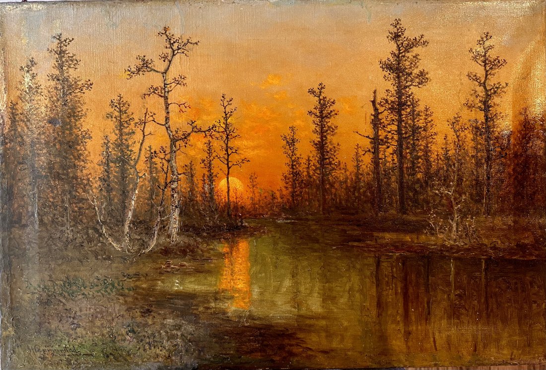 American Impressionist Artist Tonalist Sunset Scene oil painting signed dated: American Impressionist Artist Tonalist Sunset Scene oil painting signed dated, O/C, signed illegibly, dated underneath signature illegible, 16 x 24".