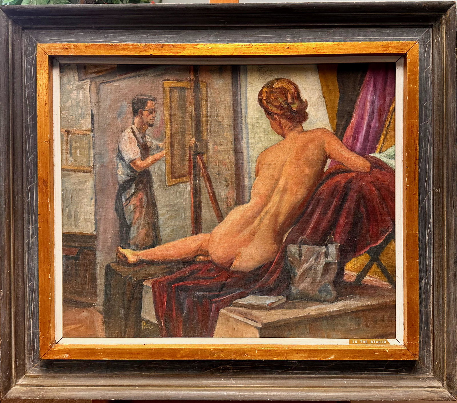 Vintage American Impressionist Painting Self-Portait Female Nude: Vintage American Impressionist Painting Self-Portait Female Nude, Oil on Board; Signature not apparent; circa 1930s-40s; hand-carved frame; 20 x 24, 26 x 30" framed. Titled "In the Studio"; young arti