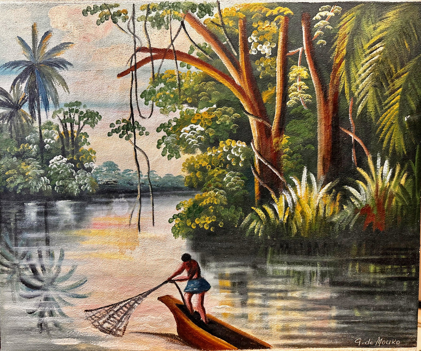 Gaspard de Mouko Cameroon Africa Oil Painting Signed: Gaspard de Mouko Cameroon Africa Oil Painting Signed. Oil on canvas wrapped around a board; signed Gaspard De Mouko; Cameroon portrait and landscape painter who pioneered the genre in sub-saharan Afri