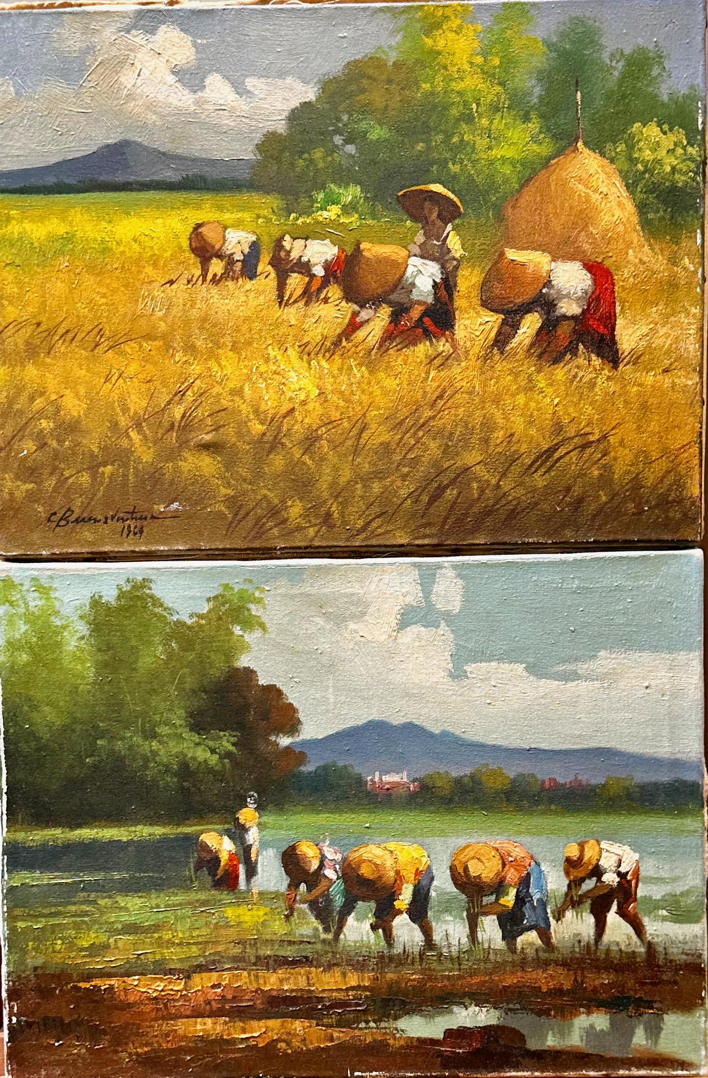 Pair Vintage Cesar Buenaventura Y Espinosa Phillipines Mexico Artist Oil Paintings: Pair Vintage Cesar Buenaventura Y Espinosa Phillipines Mexico Artist Oil Paintings. Oil on canvas; Cesar Buenaventura Y Espinosa; one SLL dated 1964; second piece signature not apparent; workers picki
