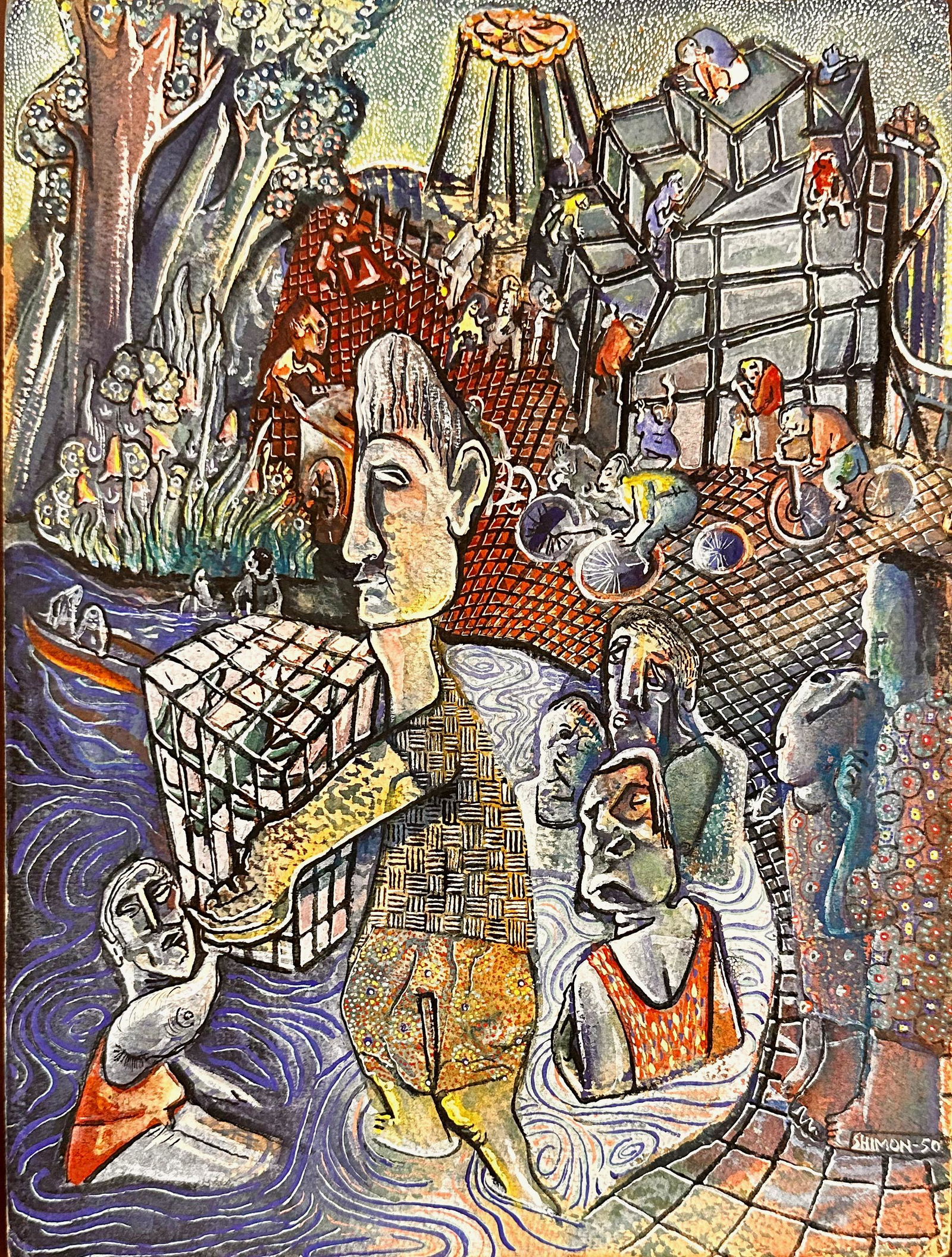 Pair Paul Shimon Early Modernist Outsider Artist Judaica Mixed Media paintings signed (1 of 11)