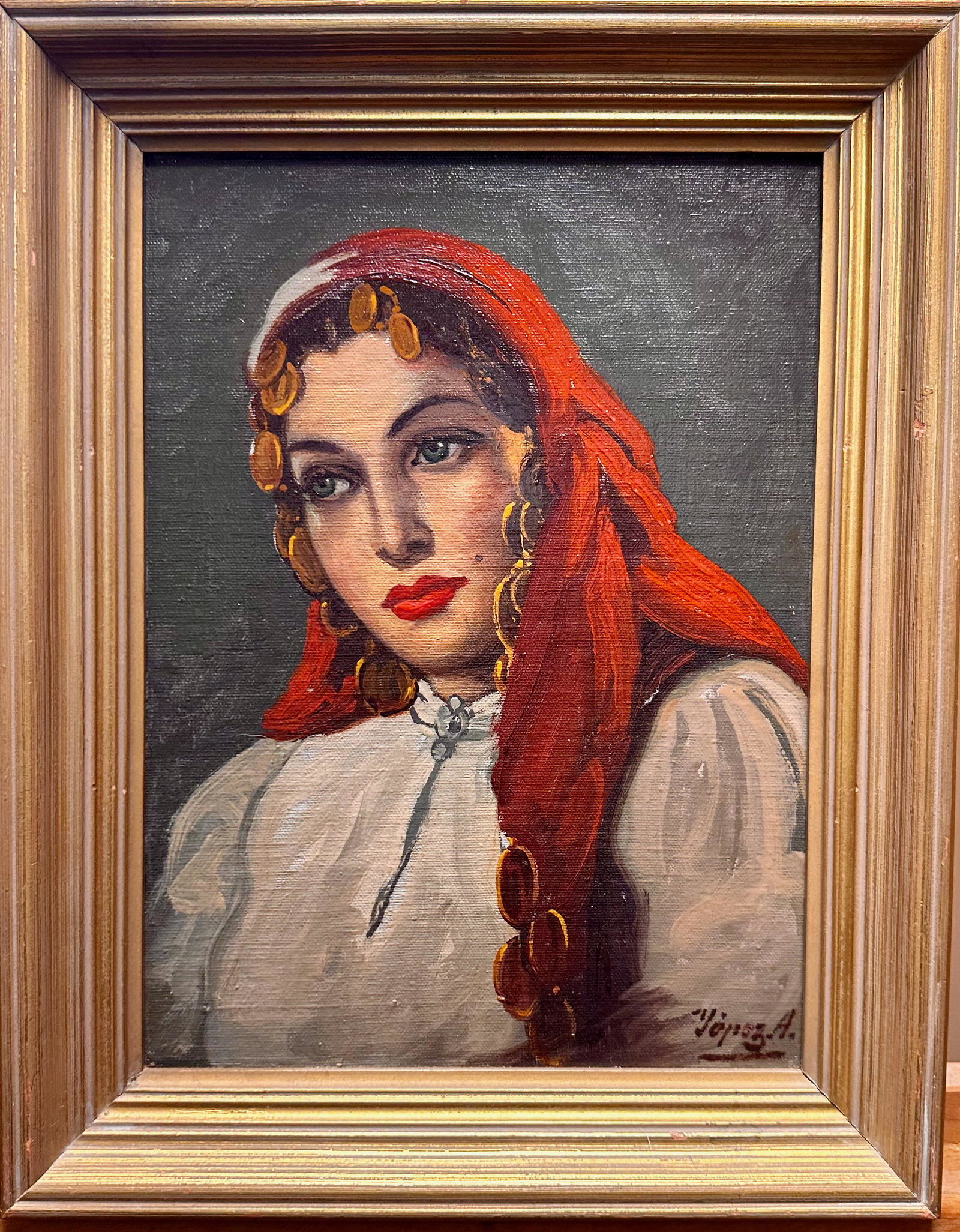 Jose Yepez Arteaga Ecaudor Artist Female Portrait Oil Painting Signed: Jose Yepez Arteaga Ecaudor Artist Female Portrait Oil Painting Signed . Jose Yepez Arteaga from Ecuador; portrait of Ecuadorian young female; oil on canvas on board; 13 x 9 1/2, 16 1/2 x 13".