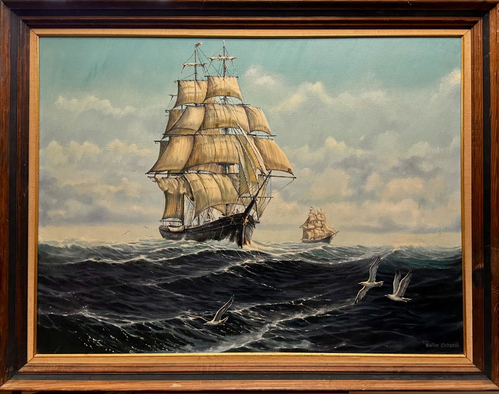 Large Vintage Nautical Sailing oil Painting Signed Walter Cichocki #1 (1 of 7)