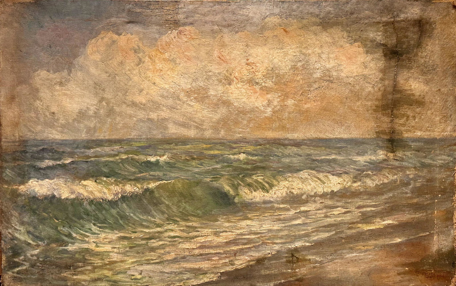 Restoration Special Antique American Impressionist Oil Painting Seascape SIgned: Restoration Special Antique American Impressionist Oil Painting Seascape Signed. Oil on canvas; Seascape in rough shape; old relining; signature is illegible; 24 x 38
