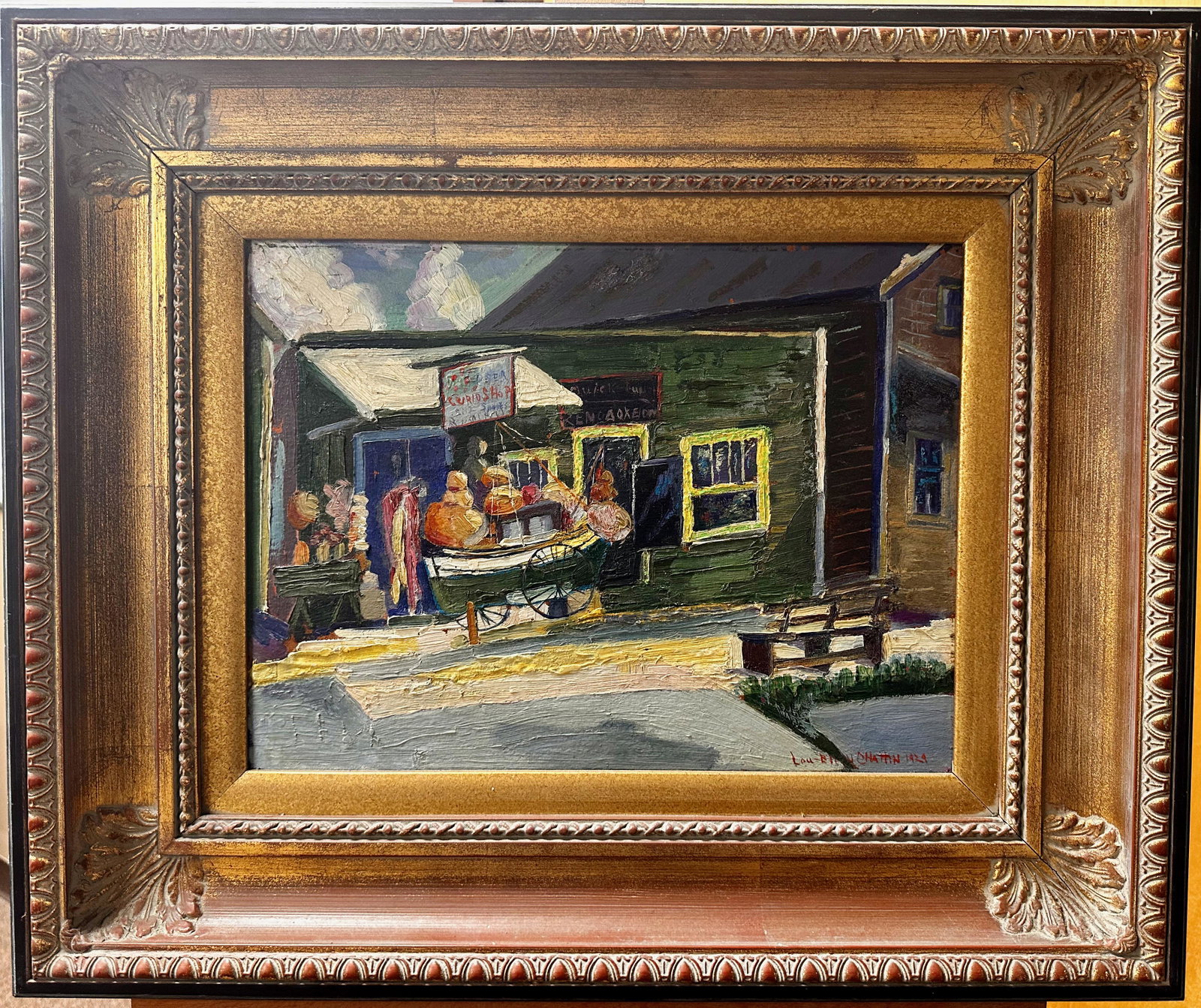 Lou-Ellen Chattin (Schowe) American Impressionist Regionalist Scene: Lou-Ellen Chattin (Schowe) American Impressionist Regionalist Scene . Oil on Panel by Lou-Ellen Chattin; dated 1929; SLR; image of a curio shop; possibly in Texas; 12 x 16"