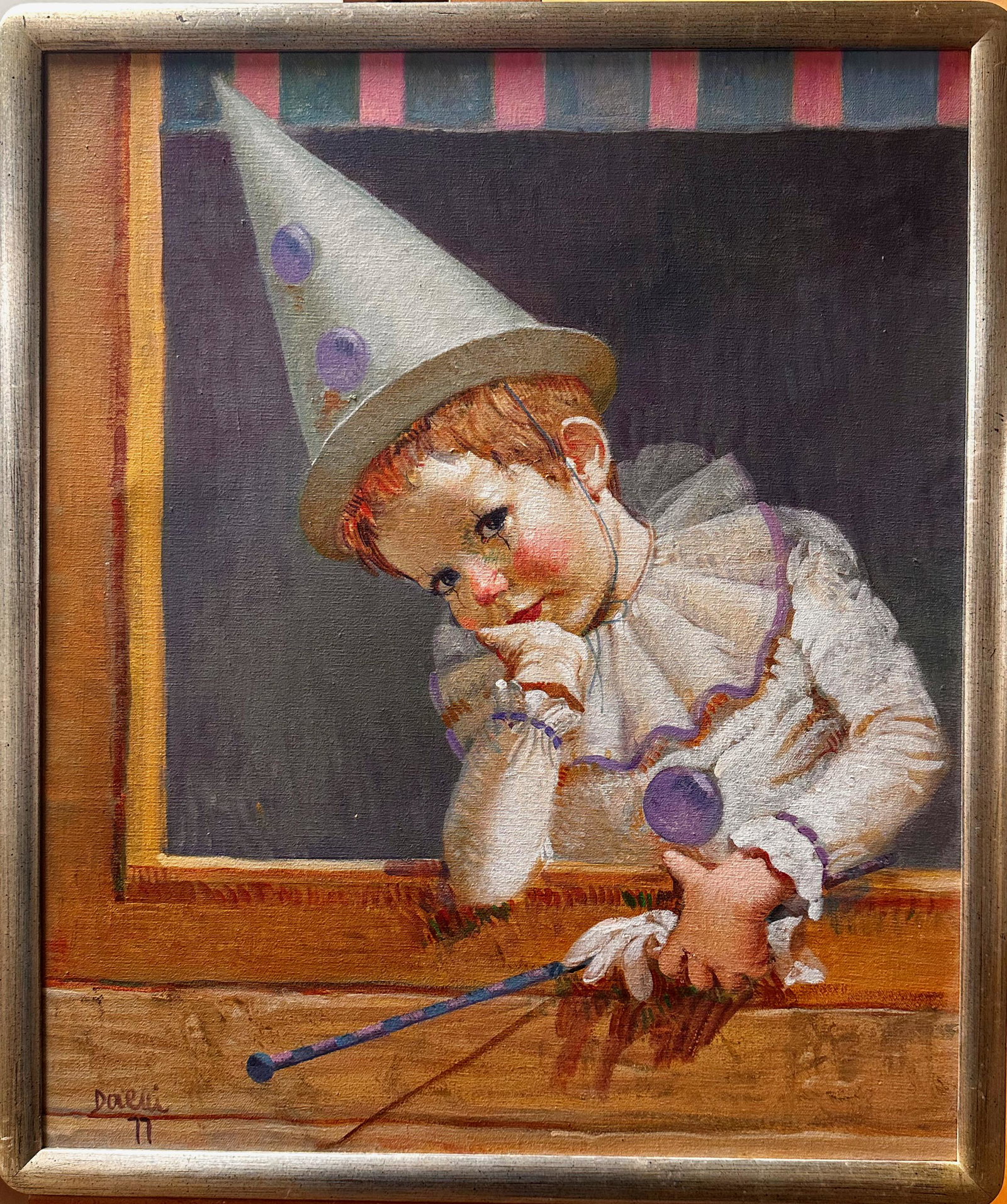 Guiseppe Dangelico Pino Italian American Artist Oil painting Signed: Guiseppe Dangelico Pino Italian American Artist Oil painting Signed. Oil on Canvas of a young boy looking out a window in clown costume; Giuseppe Dangelico Pino; 16 x 20". Pino Daeni (November 8, 1939