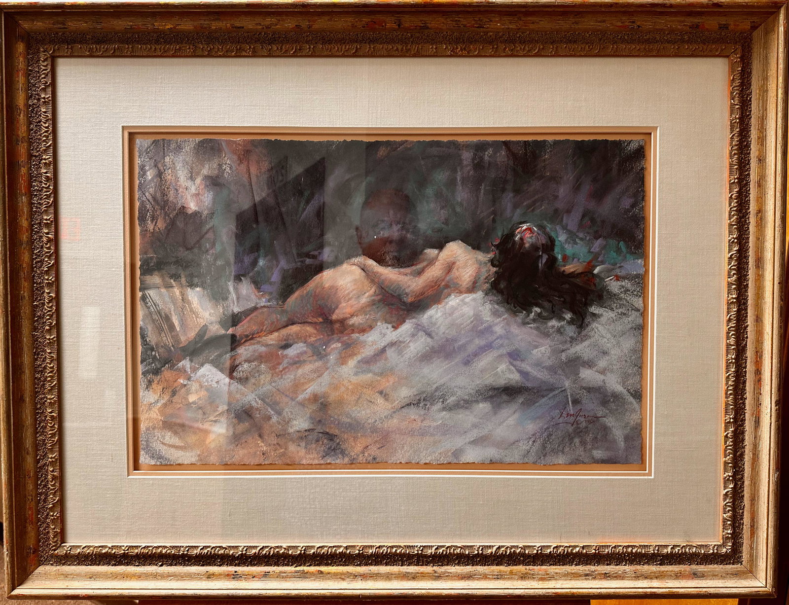 Len Garon Colorado Virginia Impressionist Female Nude Signed: Len Garon Colorado Virginia Impressionist Female Nude Signed. Pastel of rapturous nude reclining female; signed by Len Garon; dated 1990; 13 3/4 x 21 3/4 LEN (Leonard Zane Garon) GARON, ARTIST (1945 -