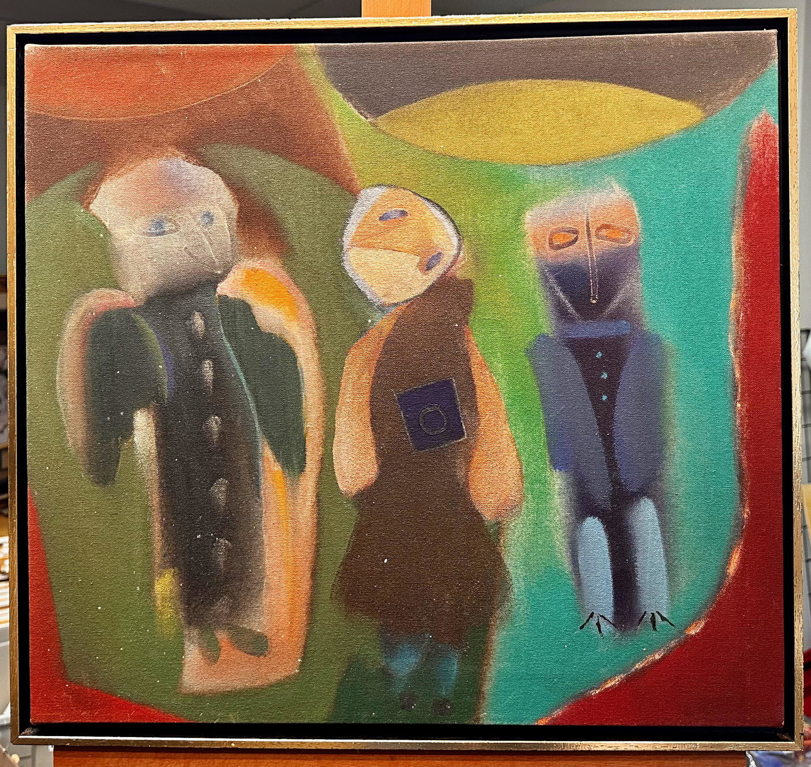 Costa Rica New Mexico Modernist Artist Alvaro Cardona Hine Oil Painting Signed: Acrylic on canvas by Alvaro Cardona-Hine; dated 1993; entitled "Bird Totem 2"; 19 x 21; A native of Costa Rica and half brother of author Alfredo Cardona Peña, Alvaro Cardona-Hine came from a literar
