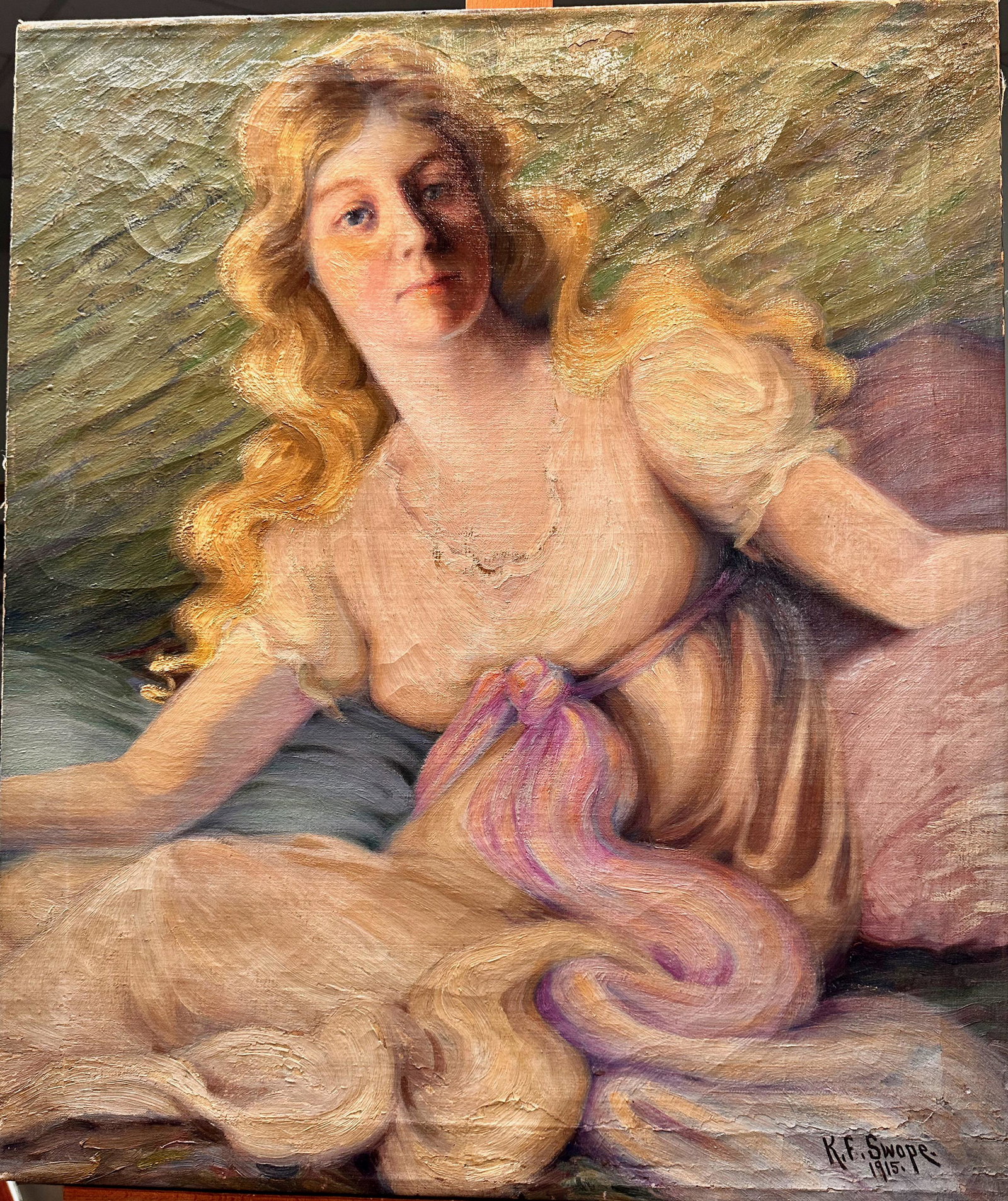 Kentucky Female Impressionist Katherine Swope Oil Painting Signed: Kentucky Female Impressionist Katherine Swope Oil Painting Signed . Oil on canvas: SLR by Katherine Swope; dated 1915; 26 x 22; depicting elegant young woman Swope, Katherine Wilhemina (Fichtner) (186