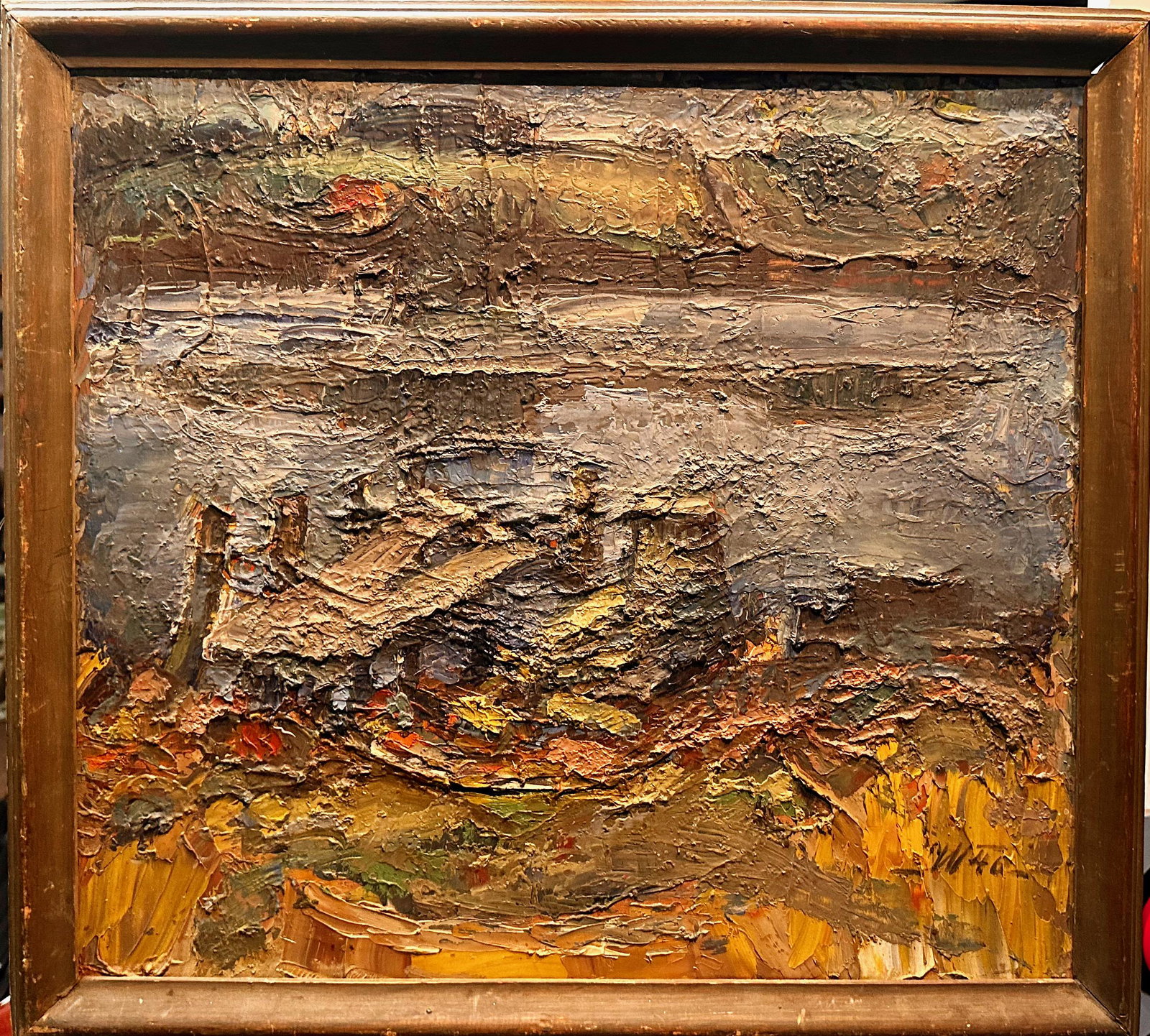American Modernist Landscape Oil Painting Signed 1940: American Modernist Landscape Oil Painting Signed 1940. Oil on masonite; initialed and dated lower right; 1940; 18 x 20